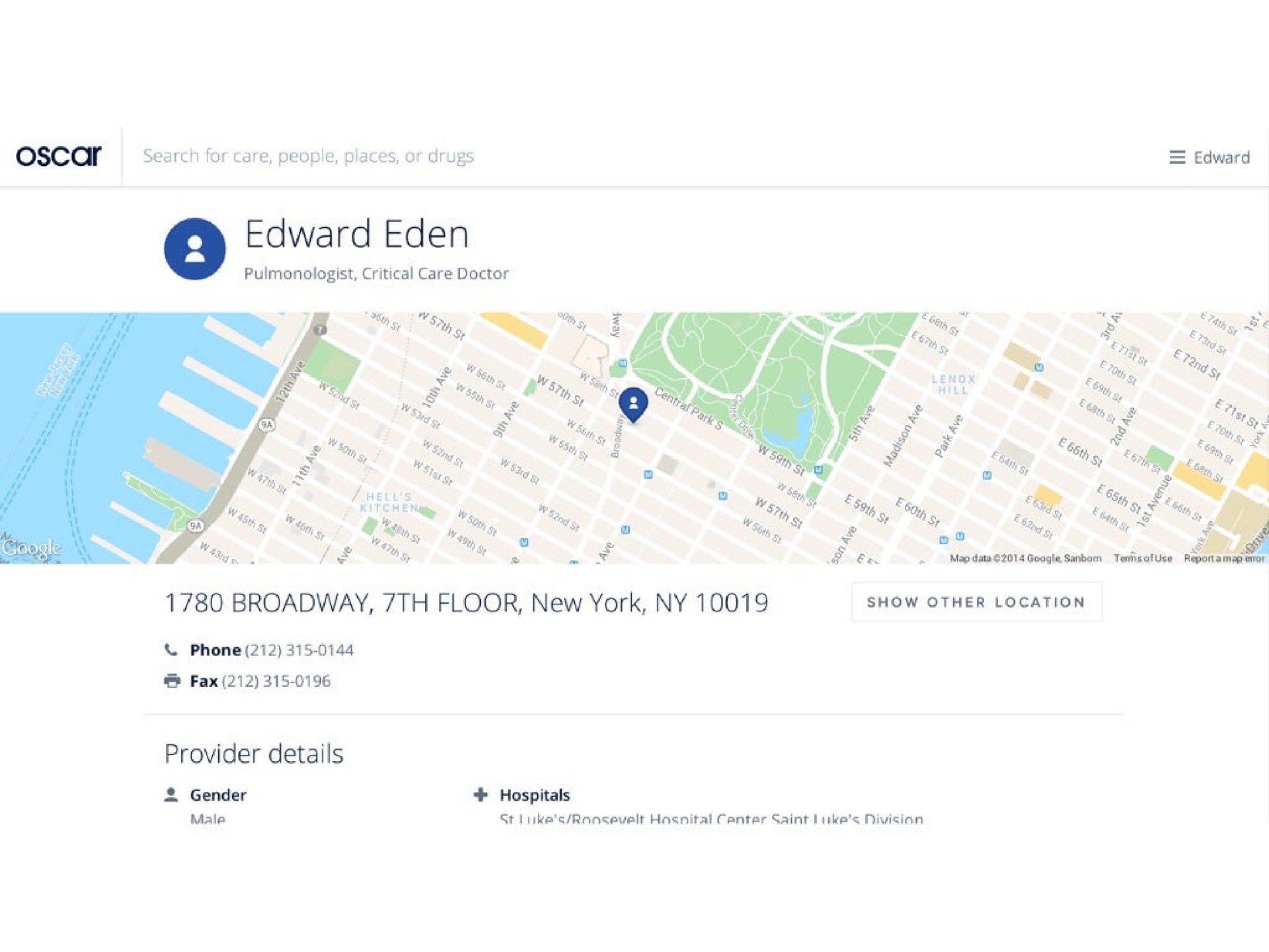 search for care people places or drugs a broadway floor new york provider details gender hospitals | Oscar Health