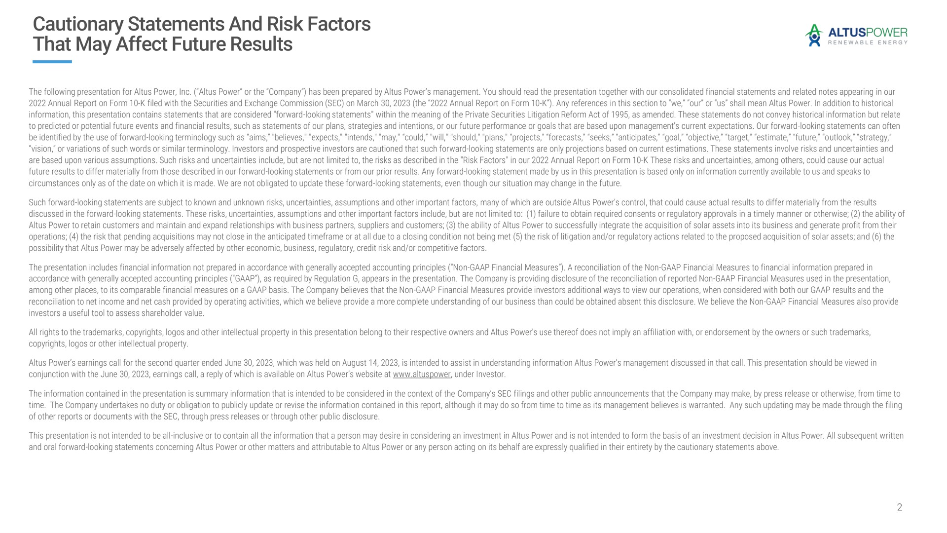 cautionary statements and risk factors that may affect future results | Altus Power