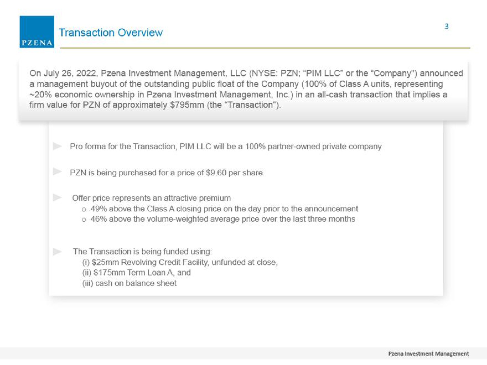 transaction overview | Pzena Investment Management