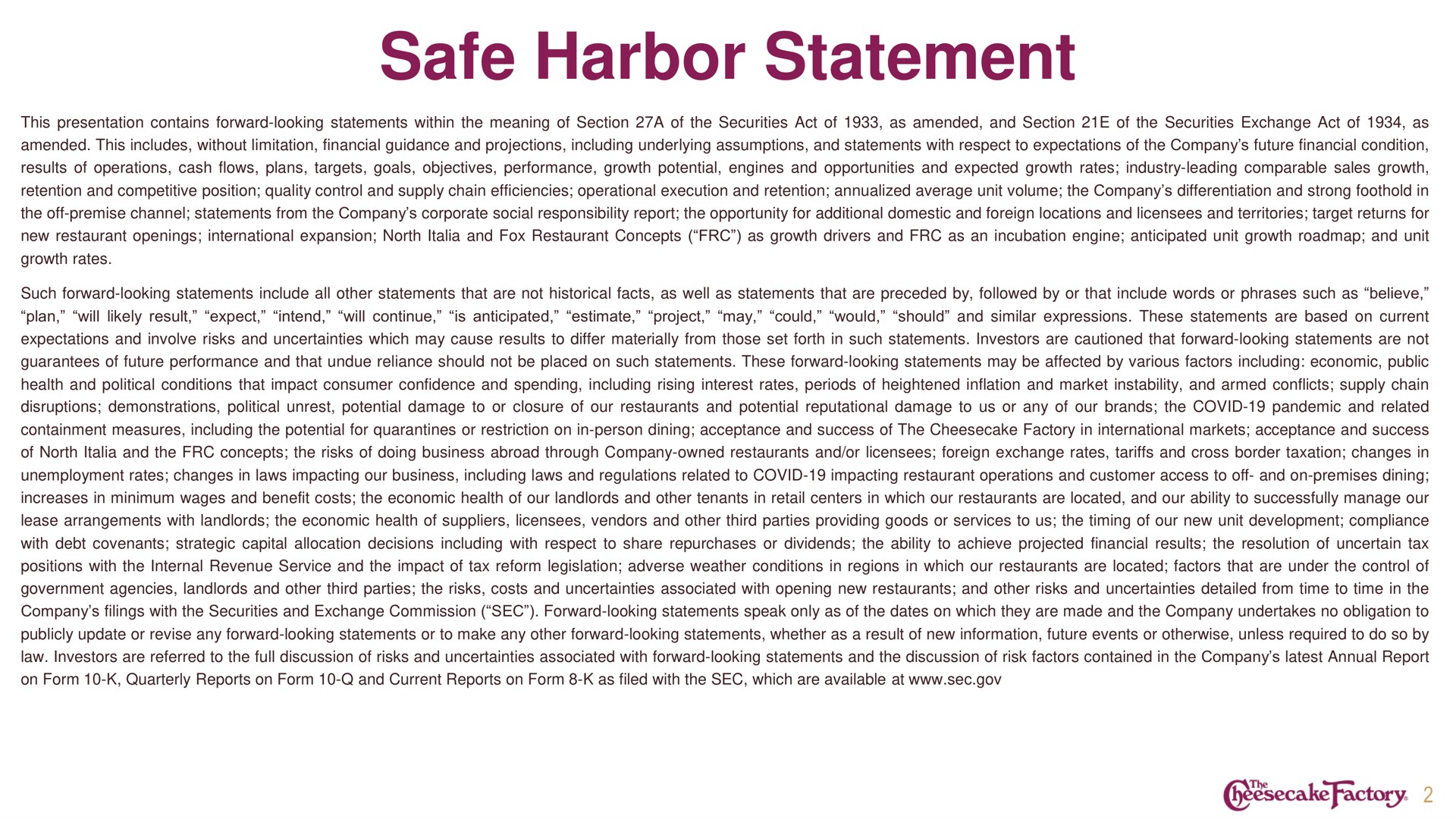 safe harbor statement | Cheesecake Factory