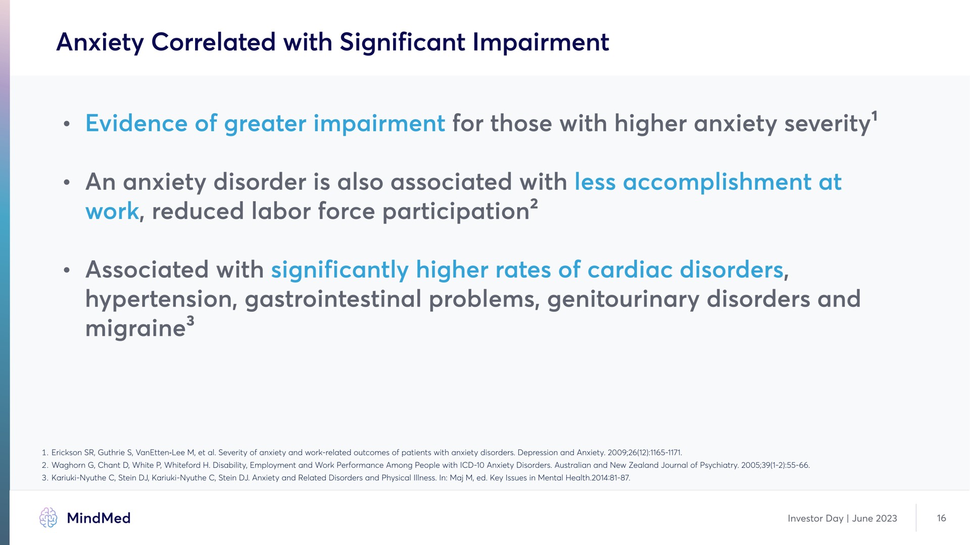 anxiety correlated with significant impairment evidence of greater impairment for those with higher anxiety severity an anxiety disorder is also associated with less accomplishment at work reduced labor force participation associated with significantly higher rates of cardiac disorders hypertension gastrointestinal problems genitourinary disorders and migraine migraine | MindMed