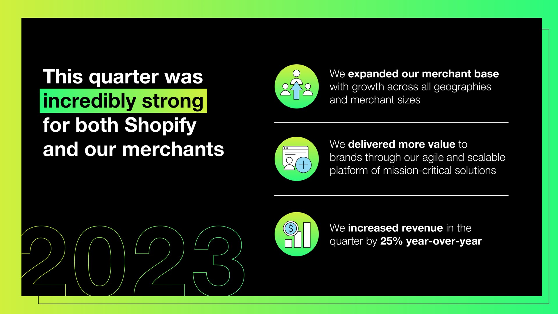 this quarter was incredibly strong for both and our merchants we expanded merchant base merchant sizes i platform of mission critical solutions | Shopify