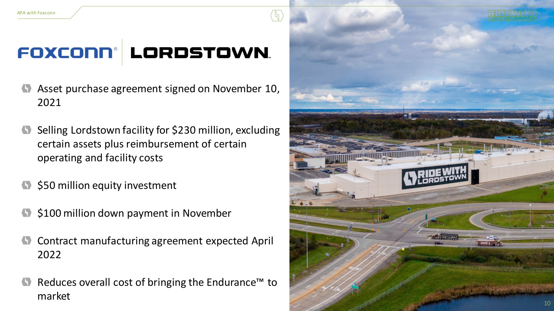 asset purchase agreement signed on selling facility for million excluding certain assets plus reimbursement of certain operating and facility costs million equity investment million down payment in contract manufacturing agreement expected reduces overall cost of bringing the endurance to market | Lordstown Motors