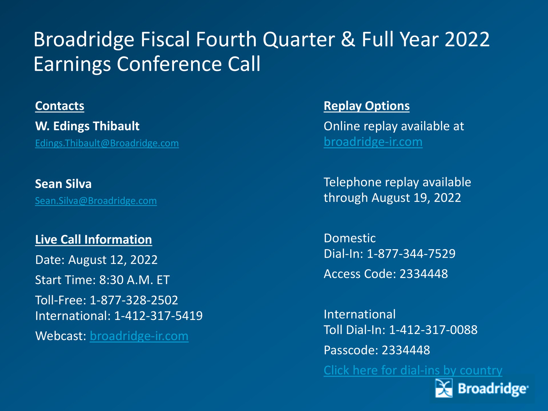 fiscal fourth quarter full year earnings conference call cranes saa as be | Broadridge Financial Solutions