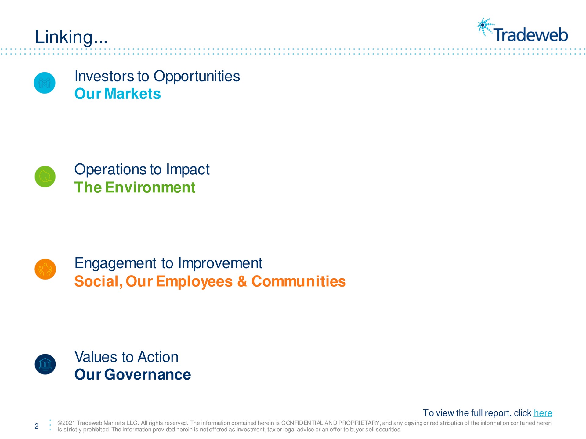 linking investors to opportunities our markets operations to impact engagement to improvement social our employees communities | Tradeweb