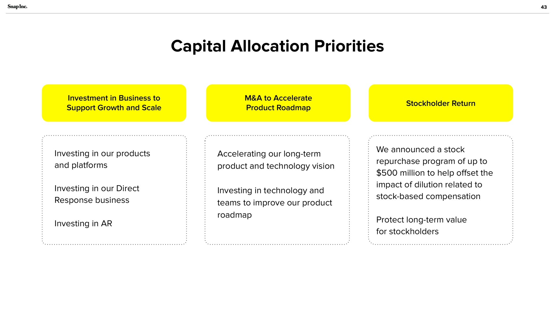 capital allocation priorities support growth and scale product investing in our products and platforms accelerating our long term product and technology vision we announced a stock repurchase program of up to | Snap Inc