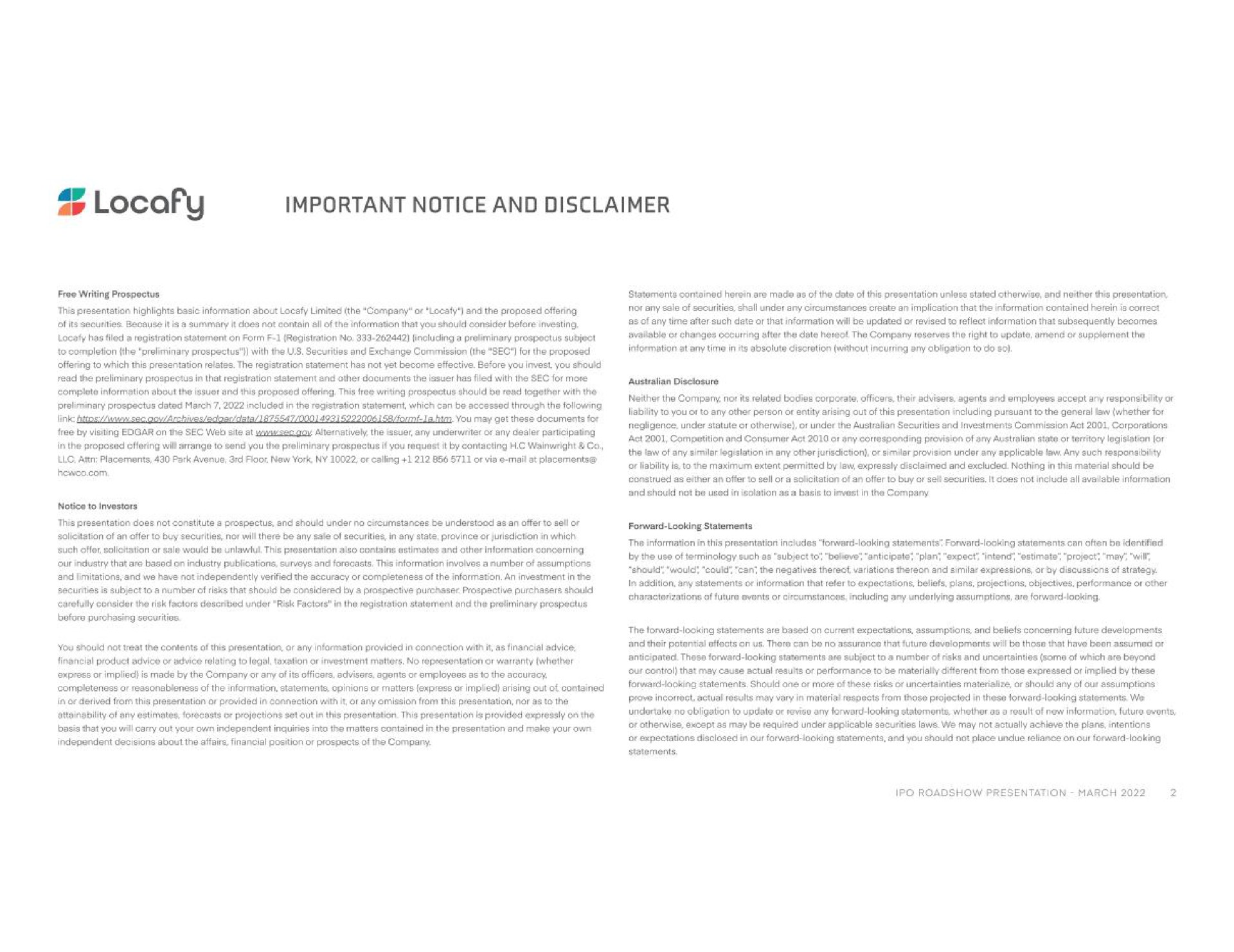 important notice and disclaimer | Locafy