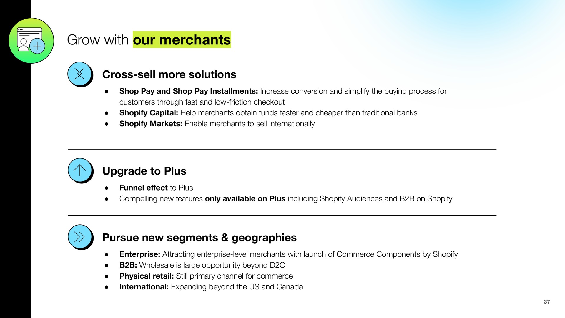 grow with our merchants cross sell more solutions upgrade to plus pursue new segments geographies | Shopify
