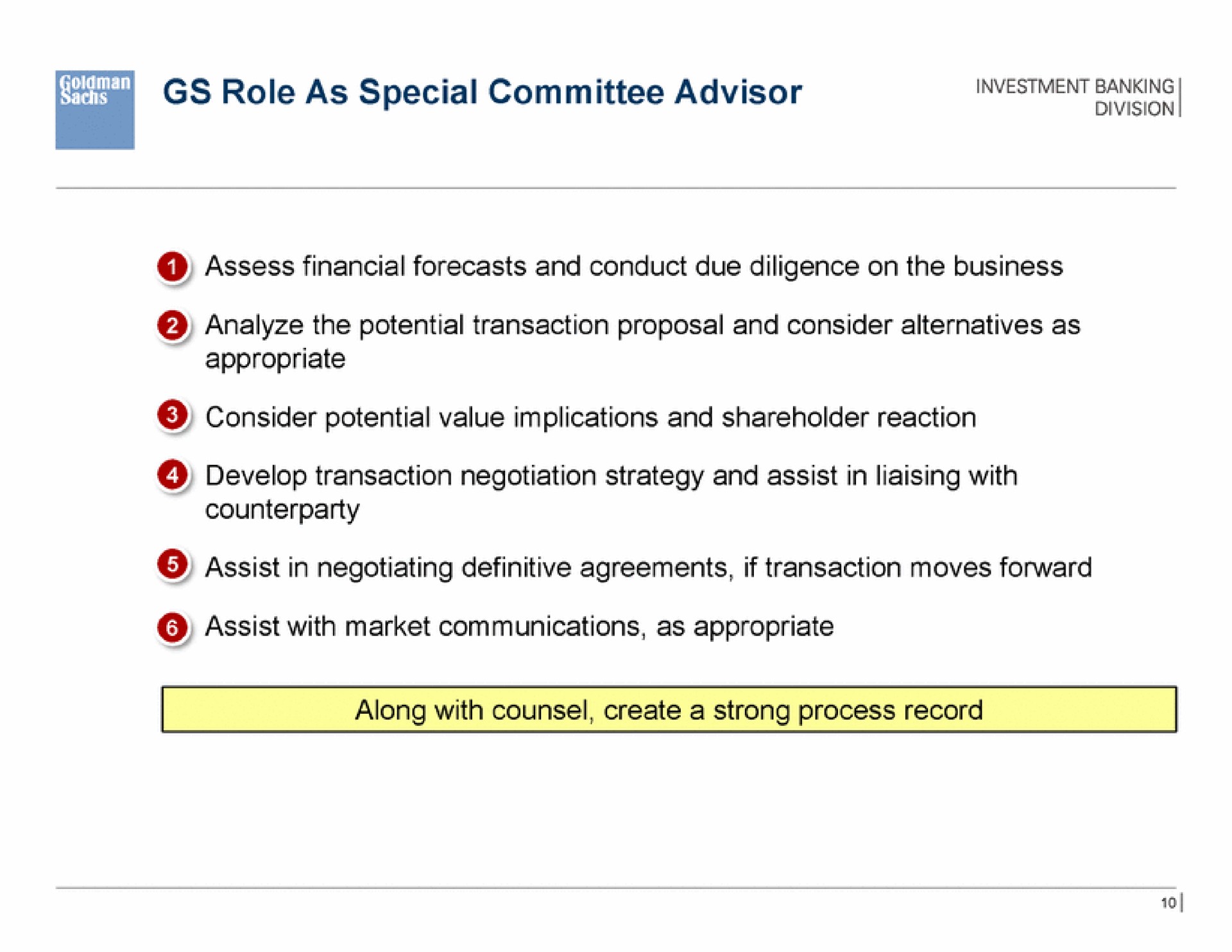 role as special committee advisor investment banking | Goldman Sachs