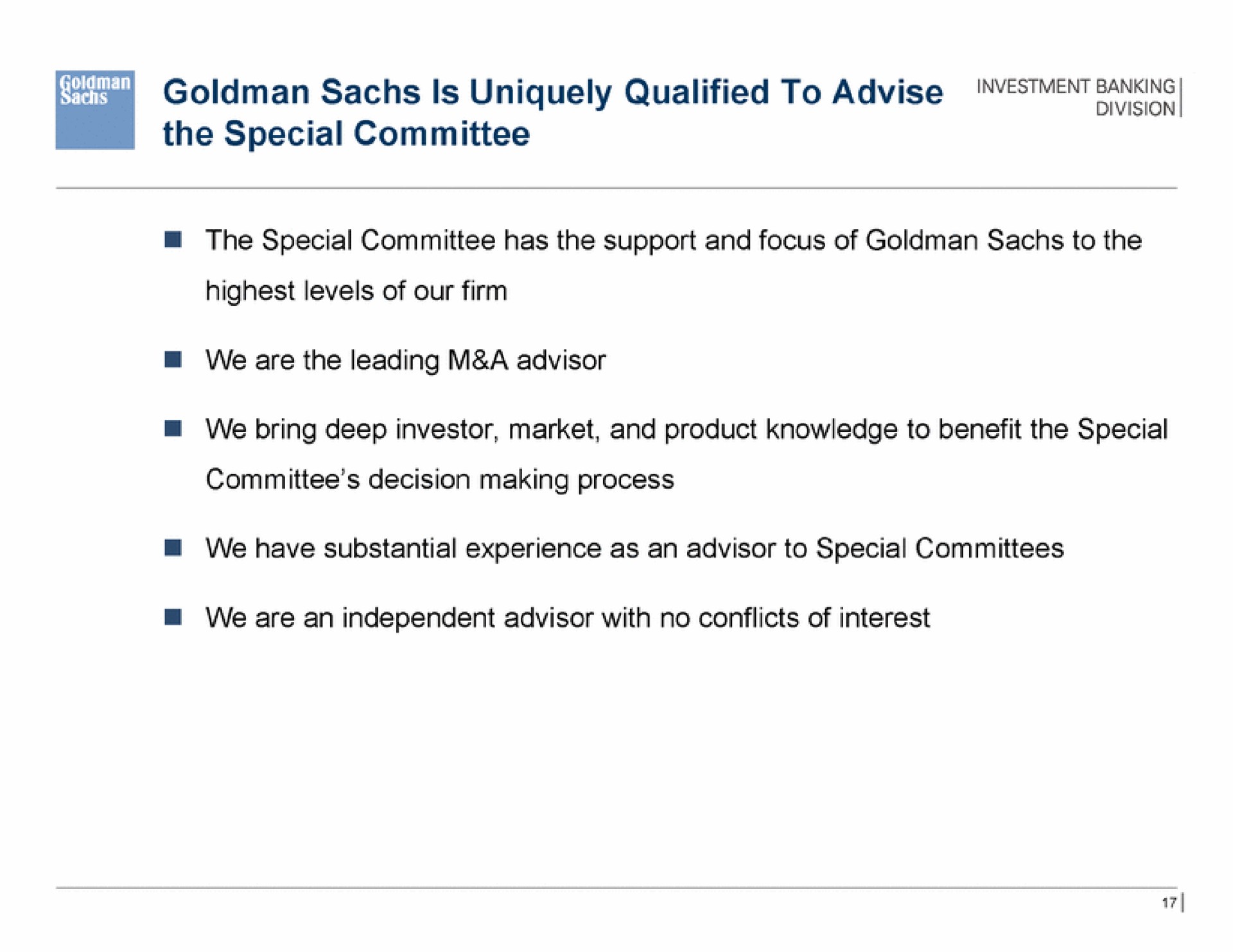 sai is uniquely qualified to advise banking the special committee | Goldman Sachs