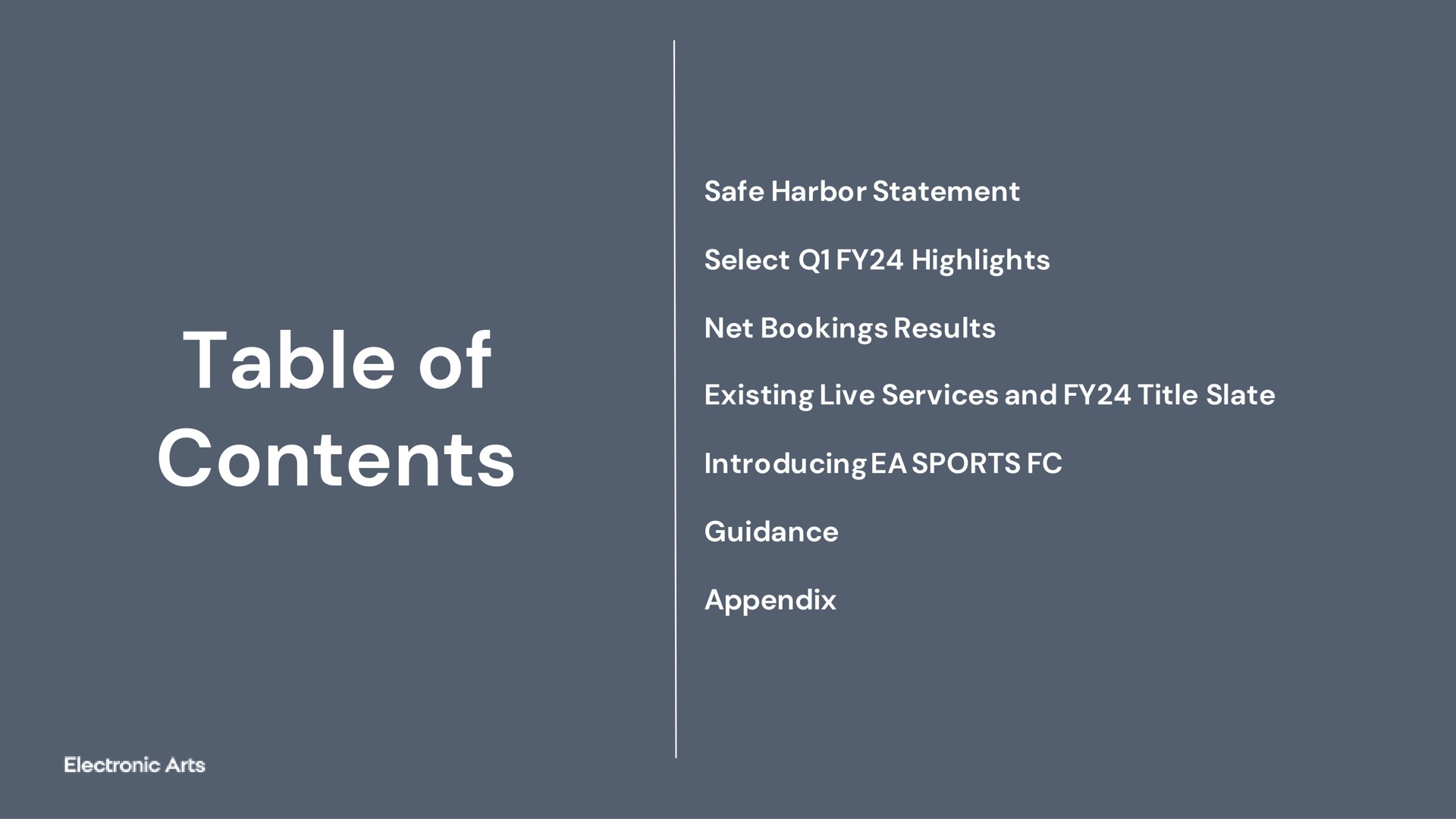 table of contents safe harbor statement select highlights net bookings results existing live services and title slate introducing sports guidance appendix | Electronic Arts