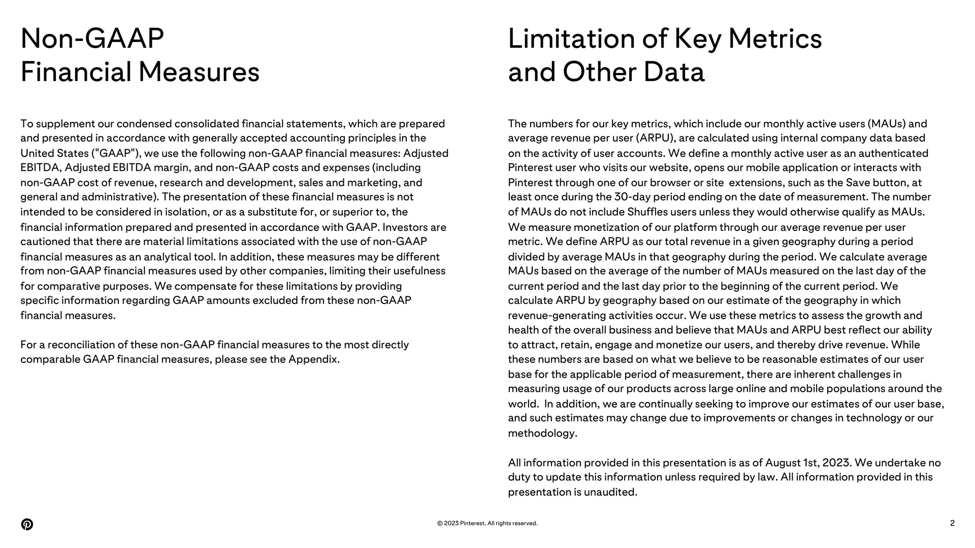 non financial measures limitation of key metrics and other data | Pinterest