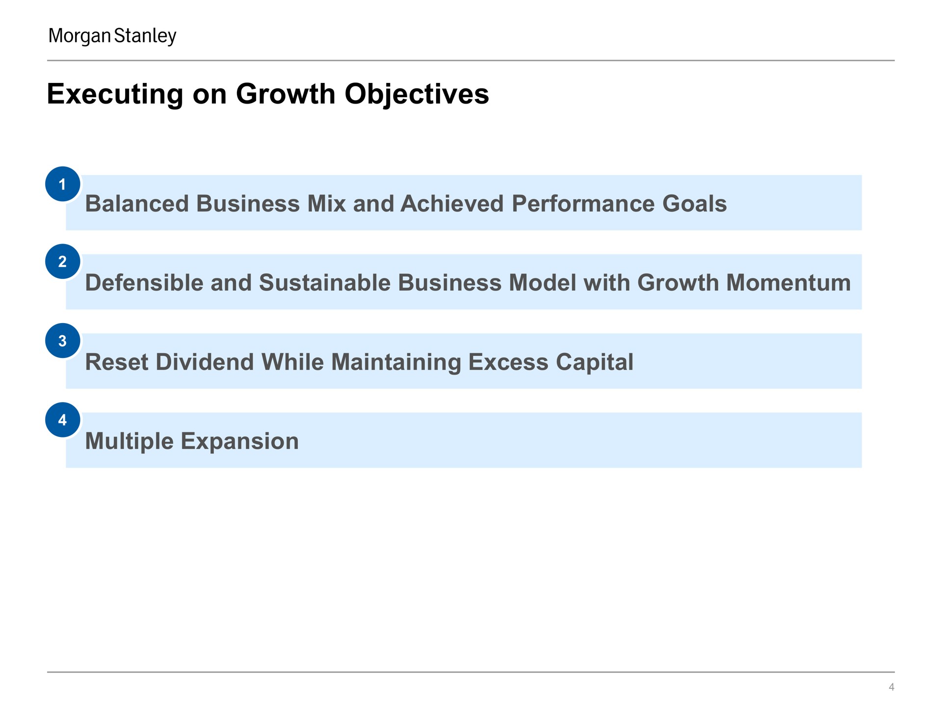 executing on growth objectives balanced business mix and achieved performance goals defensible and sustainable business model with growth momentum reset dividend while maintaining excess capital multiple expansion | Morgan Stanley