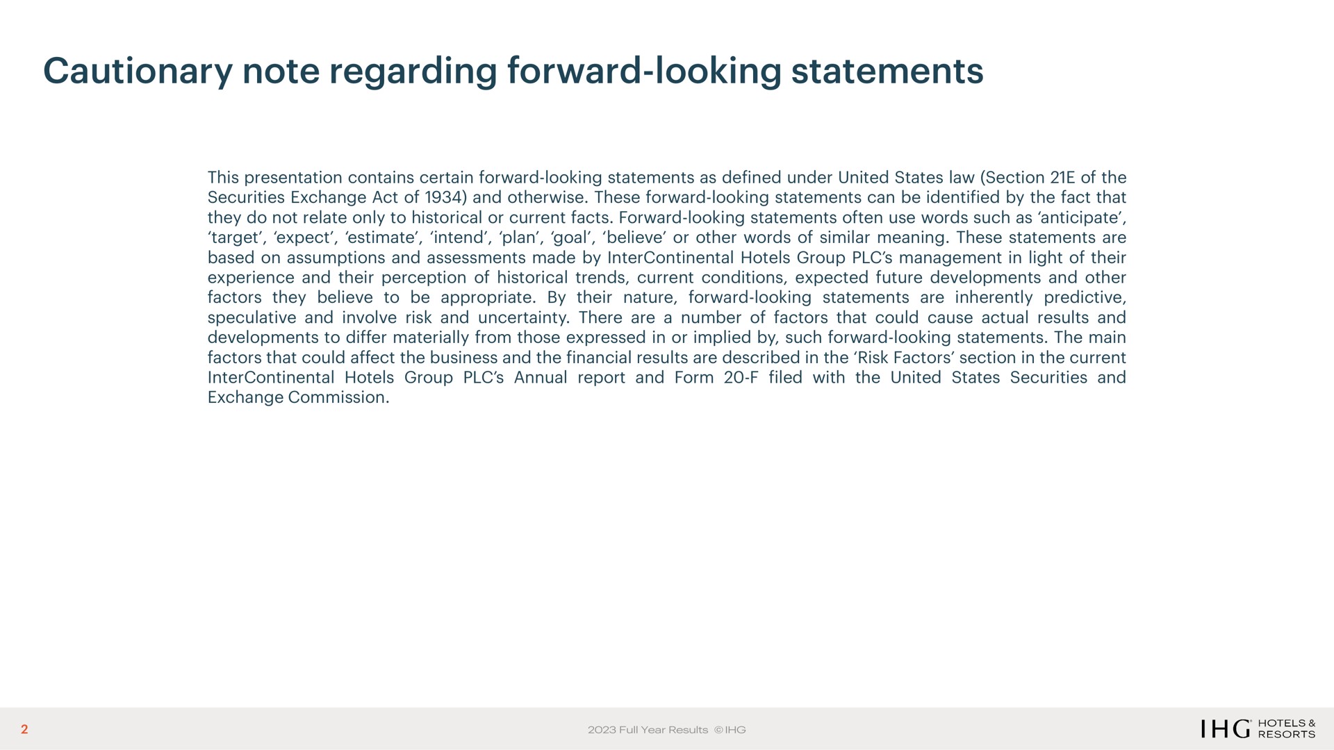 cautionary note regarding forward looking statements | IHG Hotels