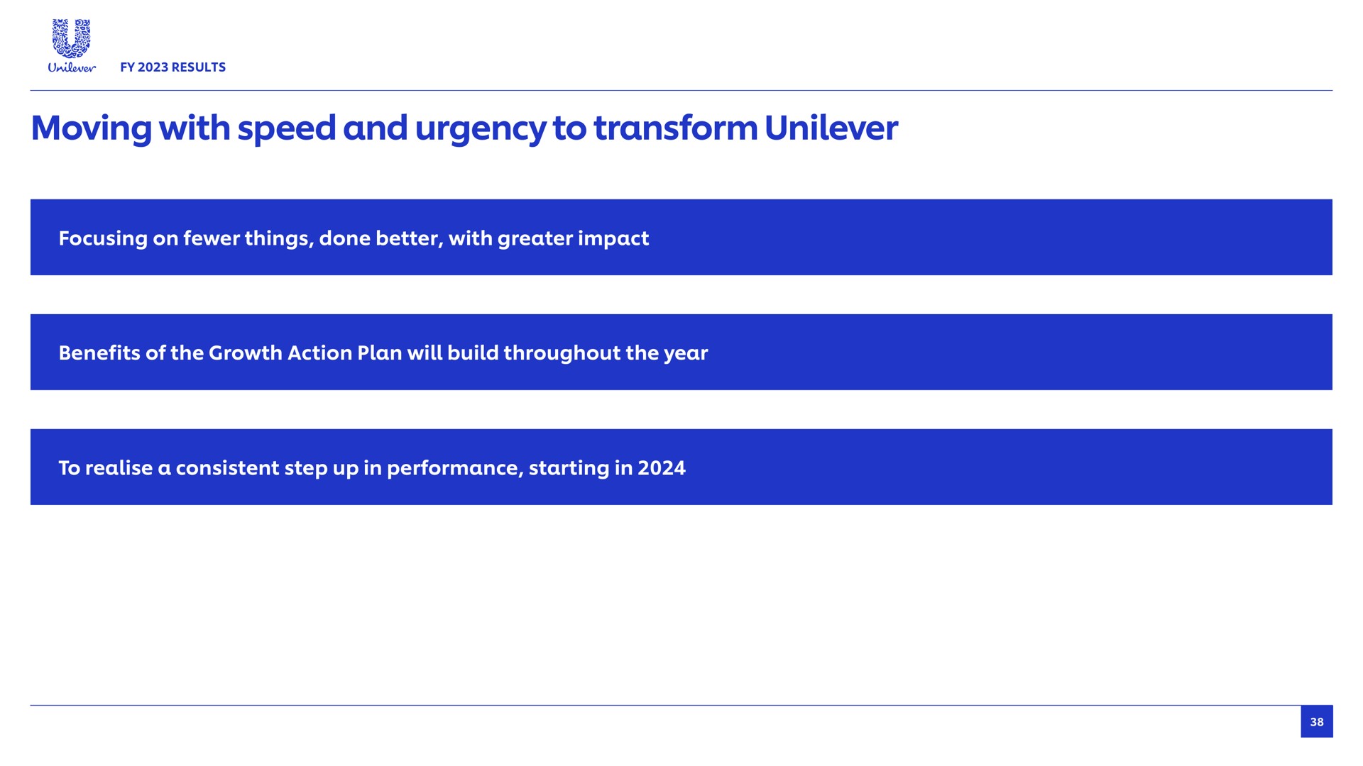 moving with speed and urgency to transform focusing on things done better greater impact benefits of the growth action plan will build throughout the year a consistent step up in performance starting in | Unilever
