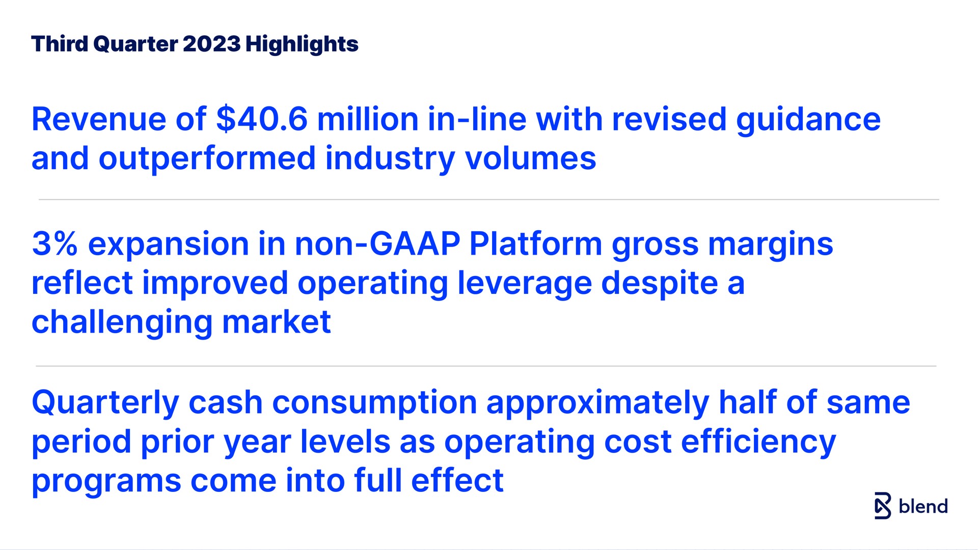 third quarter highlights revenue of million in line with revised guidance and outperformed industry volumes expansion in non platform gross margins reflect improved operating leverage despite a challenging market quarterly cash consumption approximately half of same period prior year levels as operating cost efficiency programs come into full effect blend | Blend