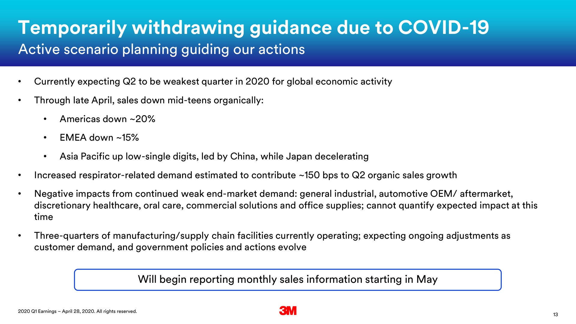 temporarily withdrawing guidance due to covid active scenario planning guiding our actions | 3M