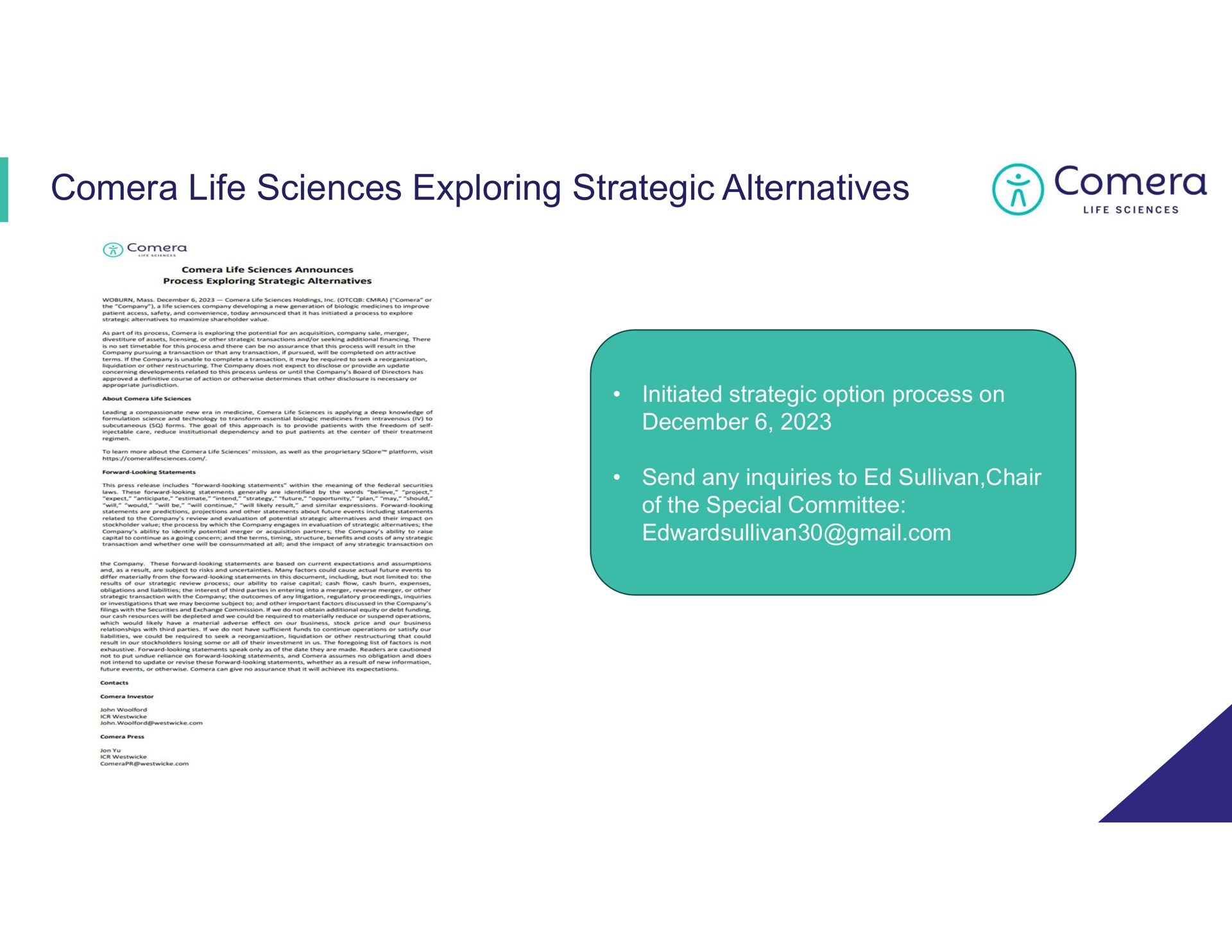 life sciences exploring strategic alternatives | Comera