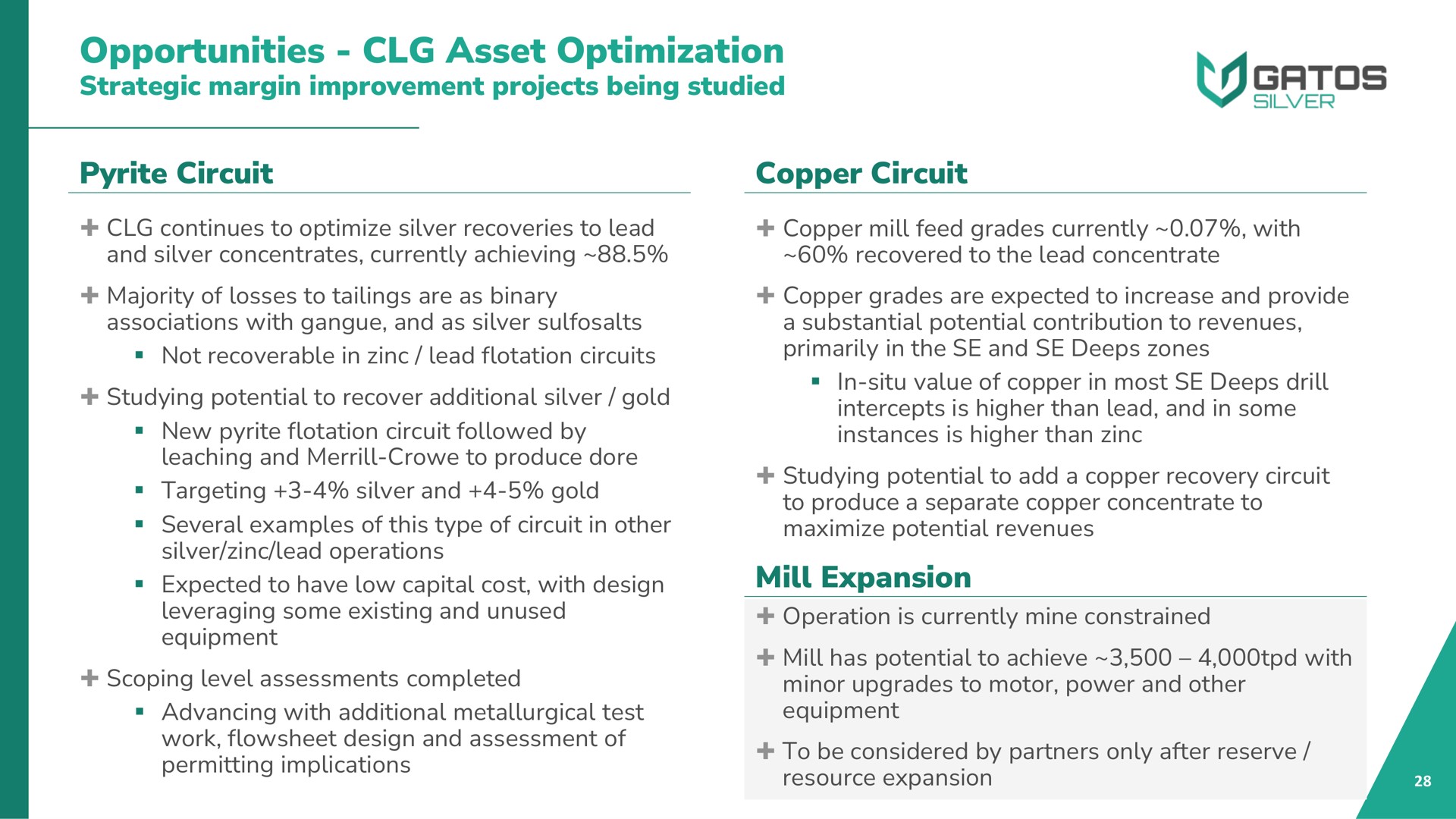 opportunities asset optimization strategic margin improvement projects being studied pyrite circuit copper circuit mill expansion level assessments completed minor upgrades to motor power and other | Gatos Silver