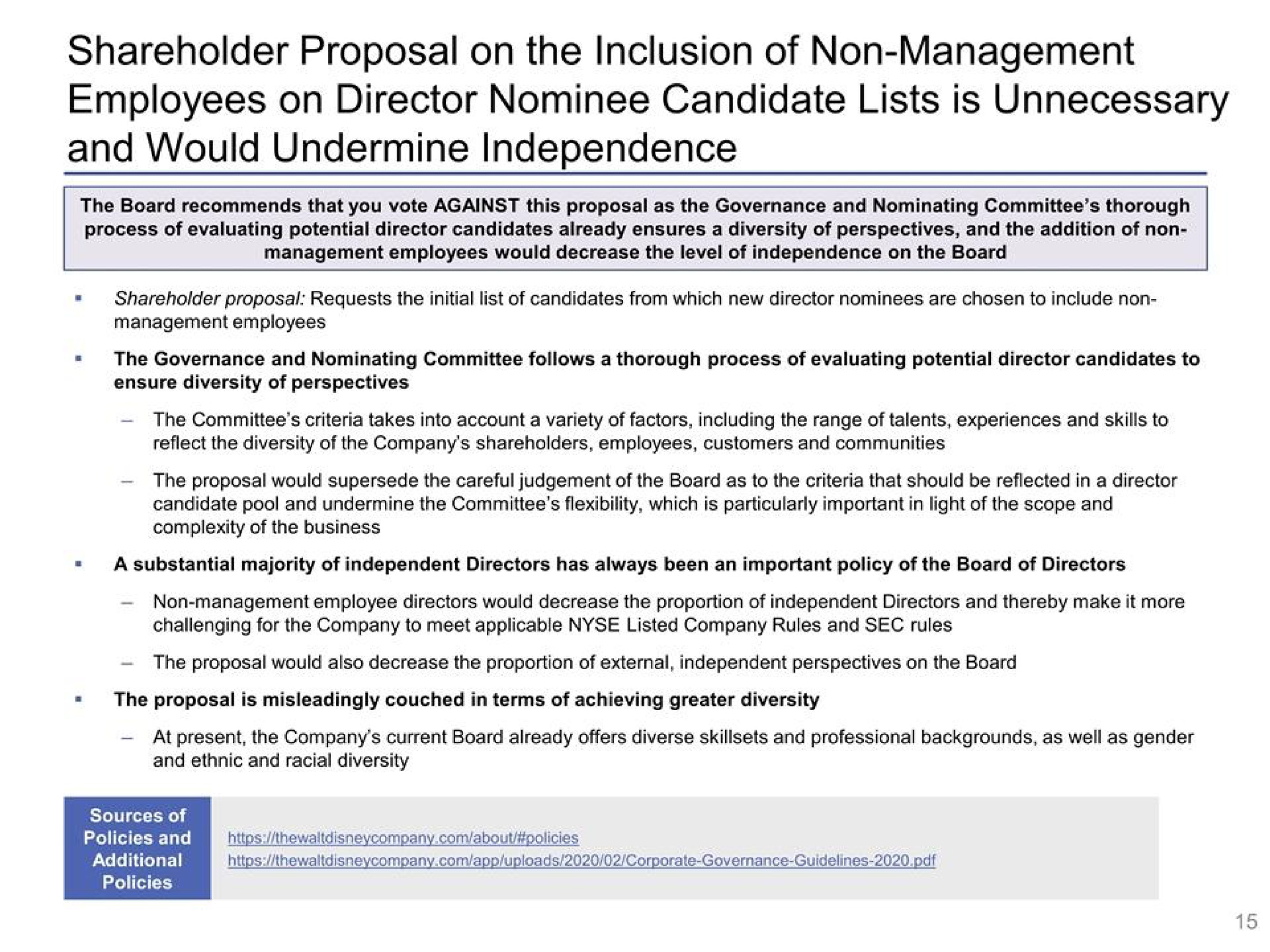 shareholder proposal on the inclusion of non management employees on director nominee candidate lists is unnecessary and would undermine independence | Disney