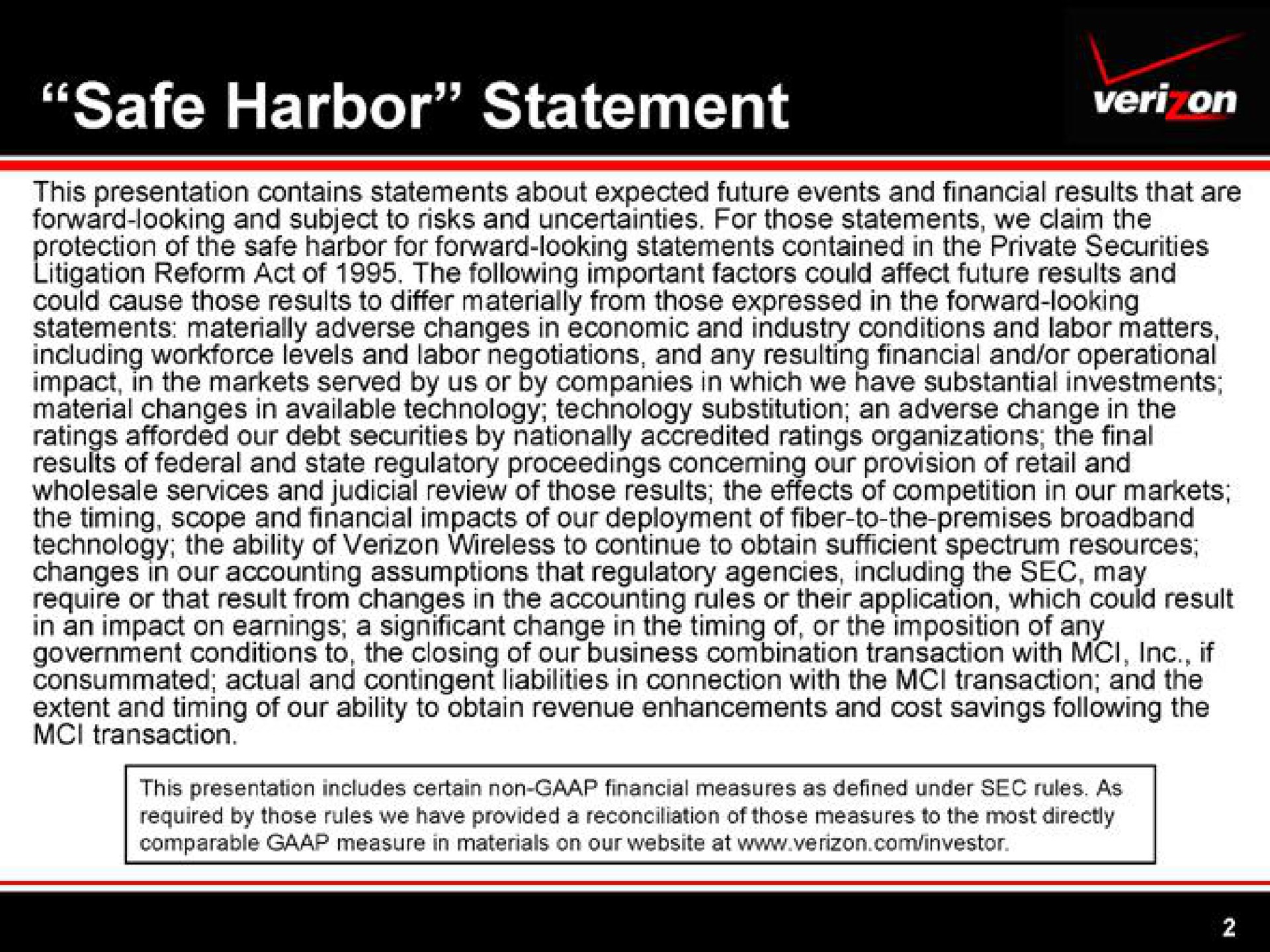 safe harbor statement | Verizon