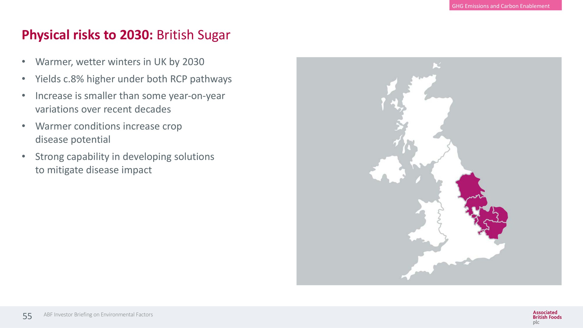 physical risks to sugar warmer wetter winters in by yields higher under both pathways increase is smaller than some year on year variations over recent decades warmer conditions increase crop disease potential strong capability in developing solutions to mitigate disease impact | Associated British Foods
