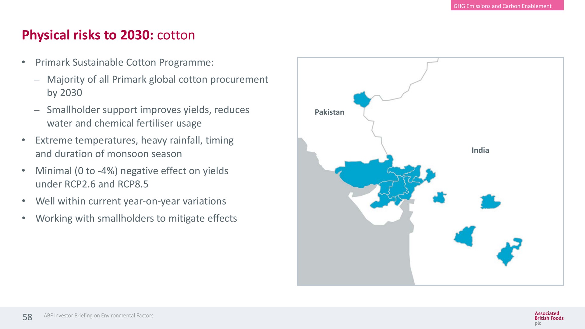 physical risks to cotton sustainable cotton majority of all global cotton procurement by smallholder support improves yields reduces water and chemical usage extreme temperatures heavy rainfall timing and duration of monsoon season minimal to negative effect on yields under and well within current year on year variations working with smallholders to mitigate effects | Associated British Foods
