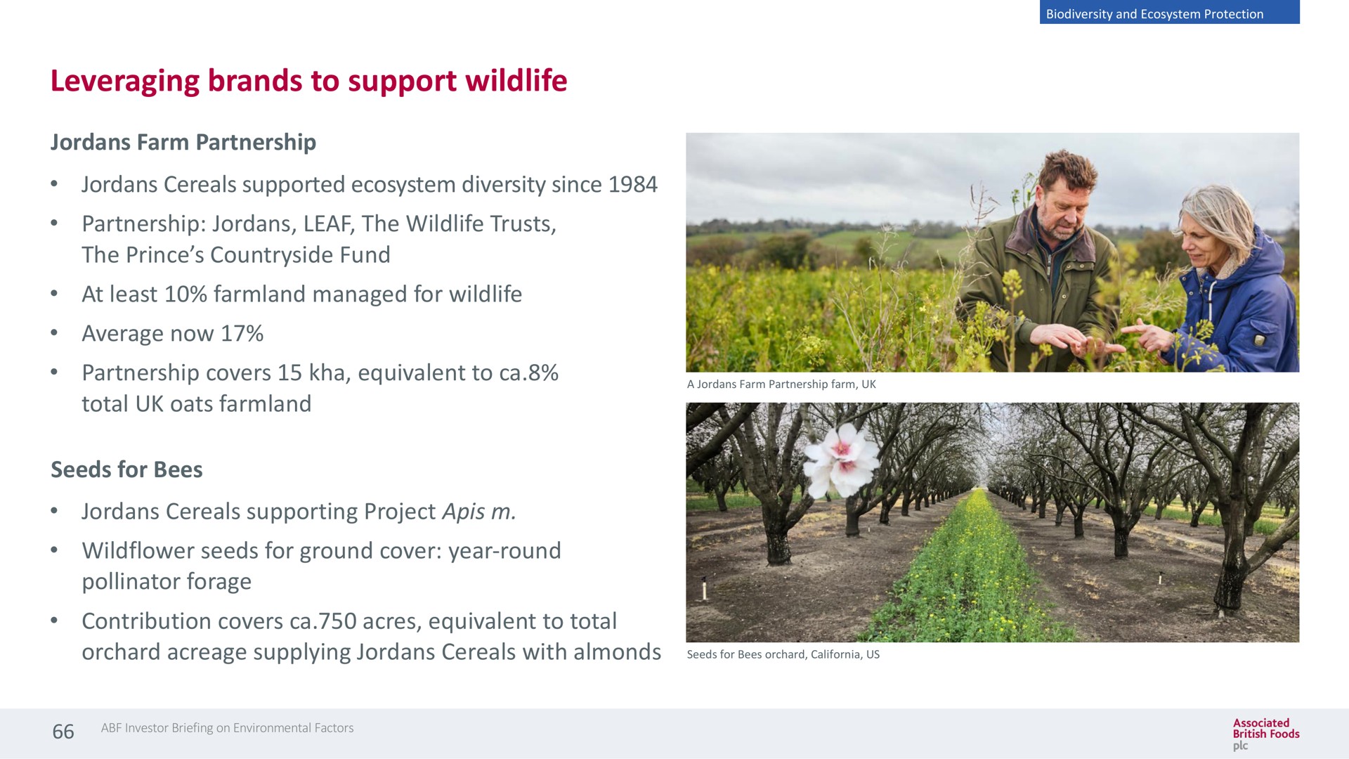 leveraging brands to support wildlife jordans farm partnership jordans cereals supported ecosystem diversity since partnership jordans leaf the wildlife trusts the prince countryside fund at least managed for wildlife average now partnership covers equivalent to total oats seeds for bees jordans cereals supporting project seeds for ground cover year round pollinator forage contribution covers acres equivalent to total orchard acreage supplying jordans cereals with almonds us | Associated British Foods