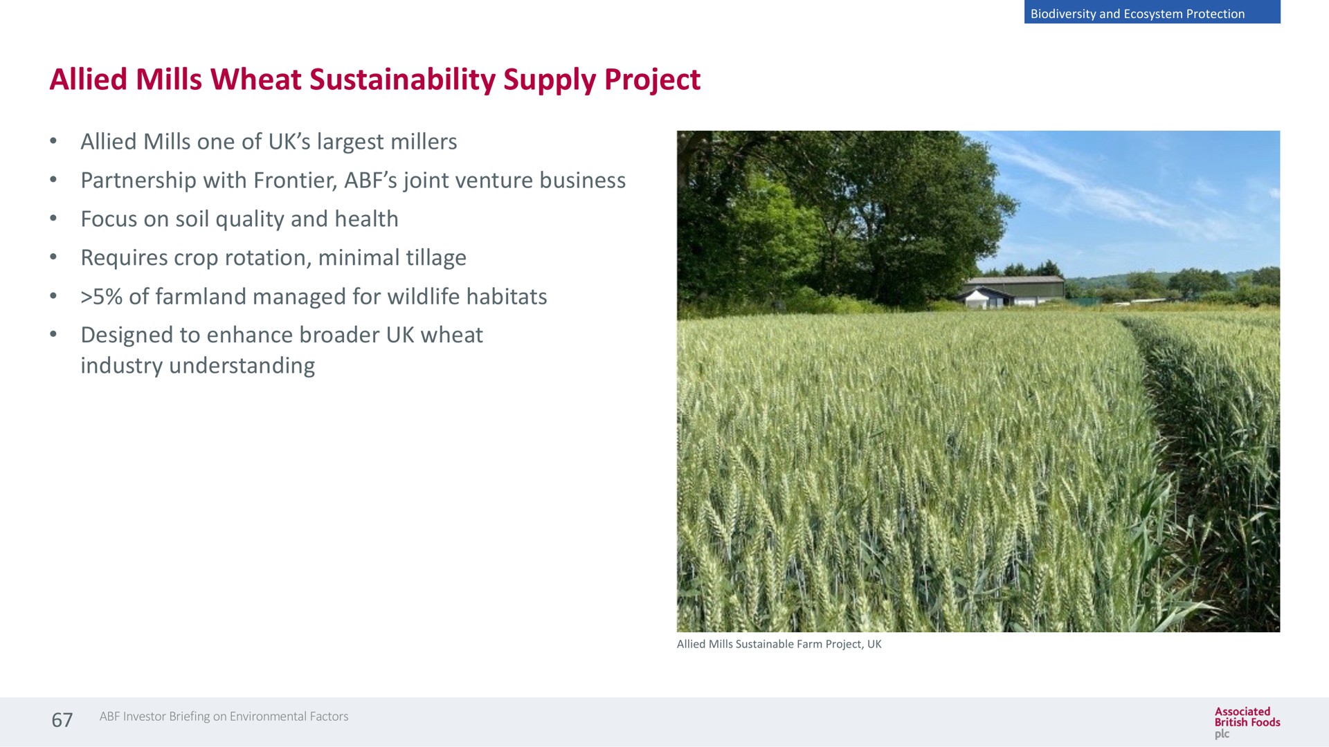 allied mills wheat supply project allied mills one of millers partnership with frontier joint venture business focus on soil quality and health requires crop rotation minimal tillage of managed for wildlife habitats designed to enhance wheat industry understanding | Associated British Foods