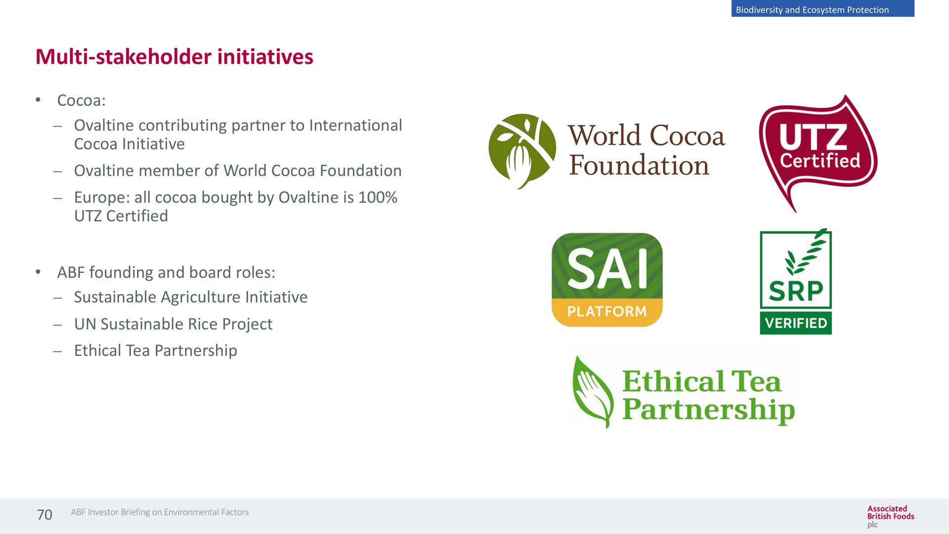 stakeholder initiatives cocoa contributing partner to international cocoa initiative member of world cocoa foundation all cocoa bought by is certified founding and board roles sustainable agriculture initiative sustainable rice project ethical tea partnership | Associated British Foods