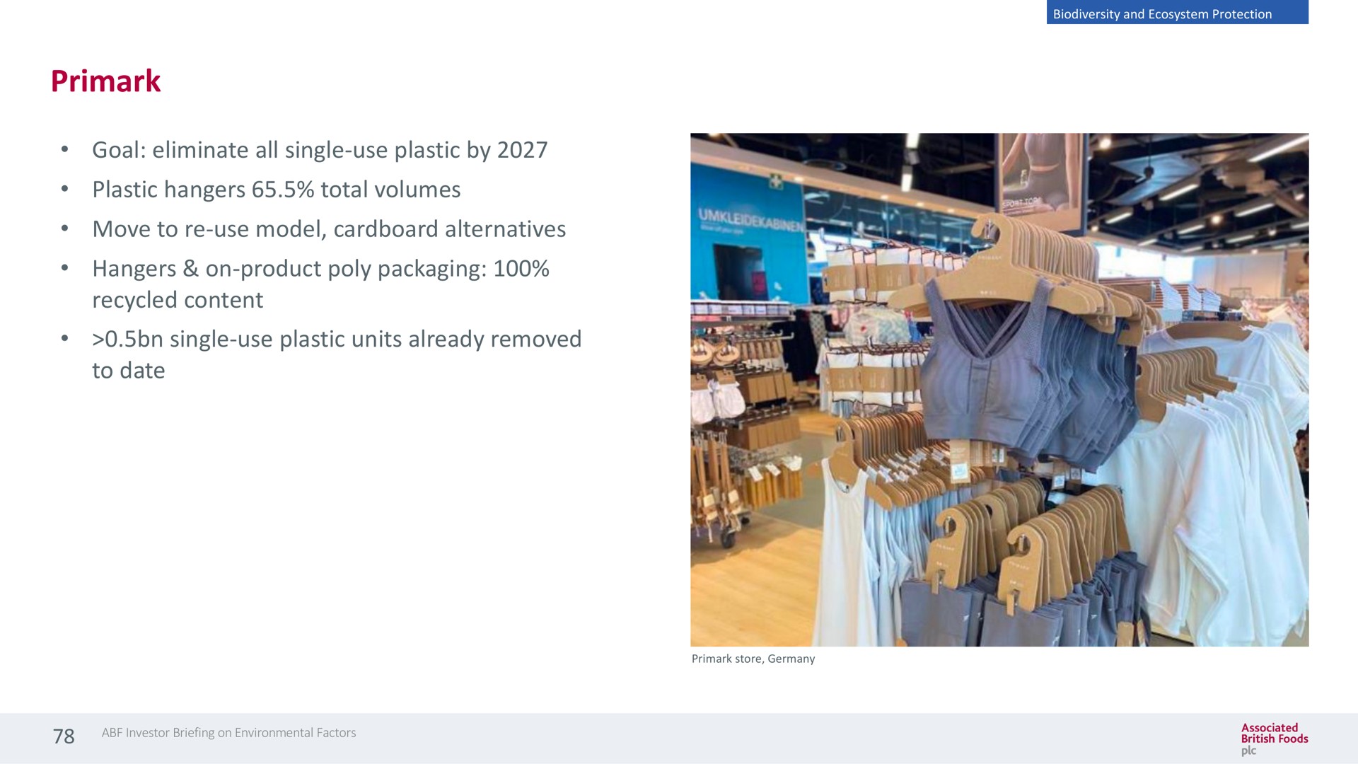 goal eliminate all single use plastic by plastic hangers total volumes move to use model cardboard alternatives hangers on product poly packaging recycled content single use plastic units already removed to date | Associated British Foods