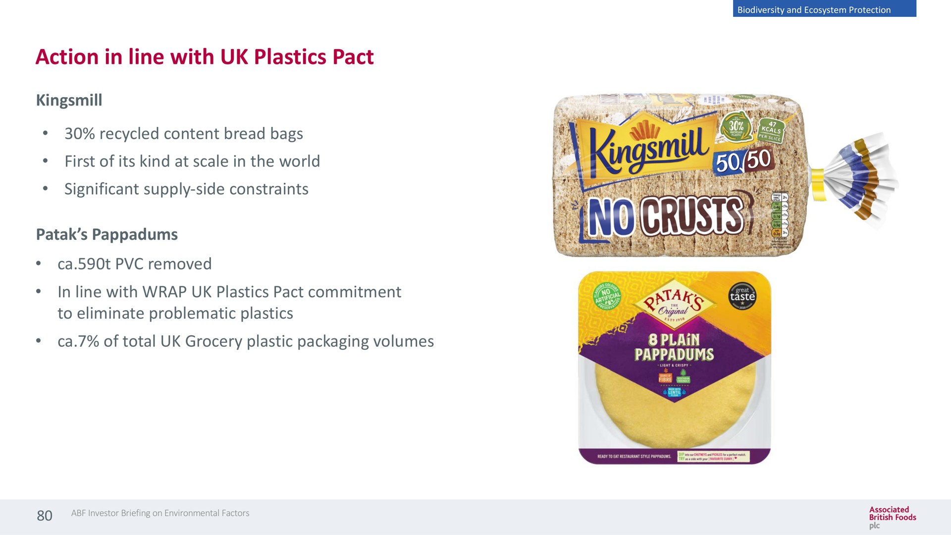 action in line with plastics pact recycled content bread bags first of its kind at scale in the world significant supply side constraints removed in line with wrap plastics pact commitment to eliminate problematic plastics of total grocery plastic packaging volumes | Associated British Foods