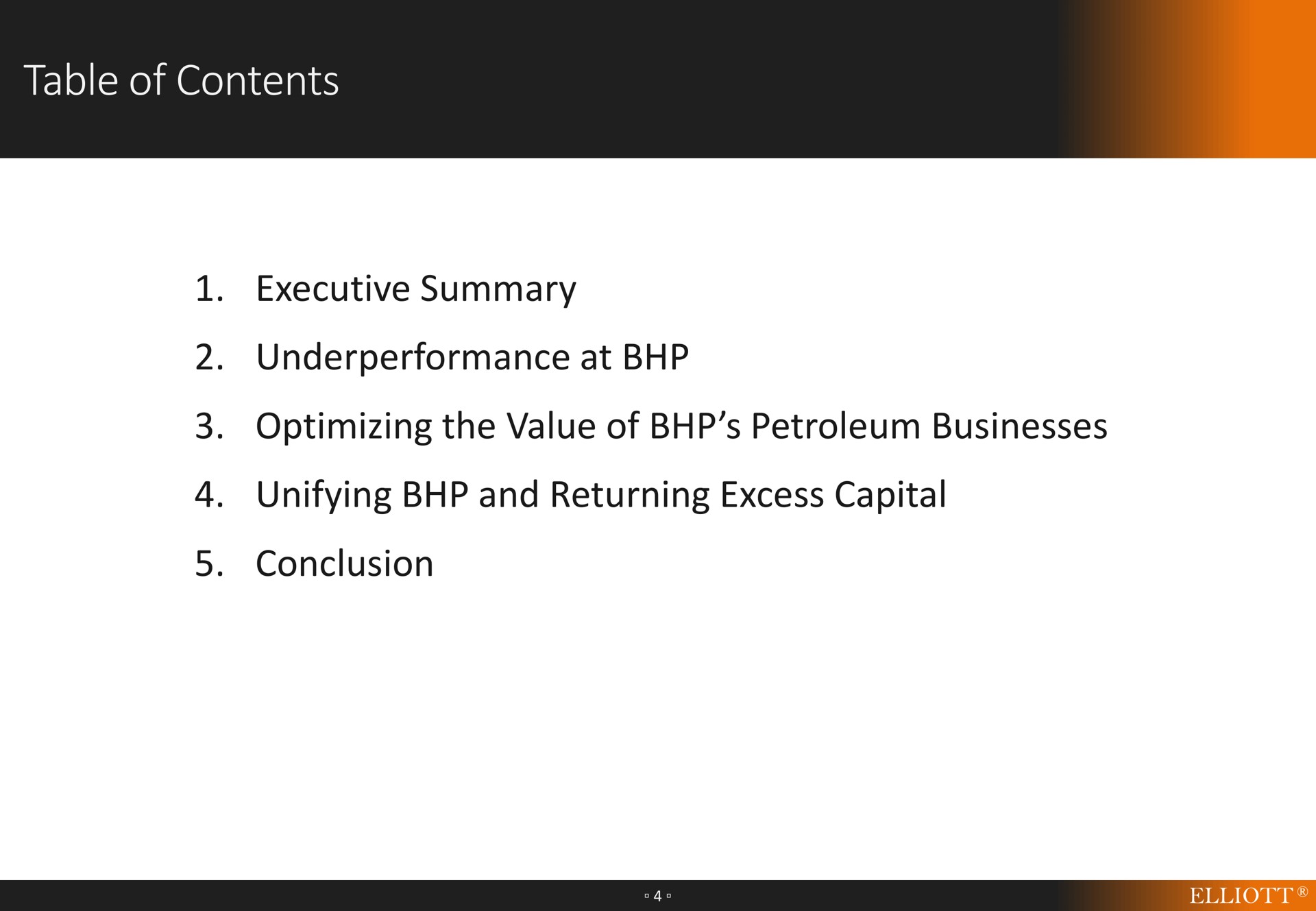 table of contents executive summary at optimizing the value of petroleum businesses unifying and returning excess capital conclusion | Elliott Management
