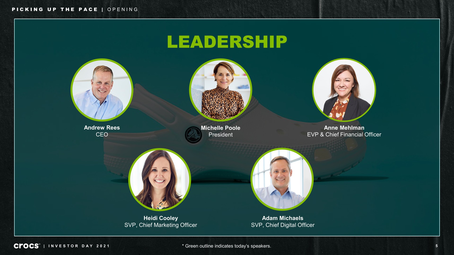 leadership president chief financial officer chief marketing officer chief digital officer picking up the pace opening day green outline indicates today speakers | Crocs