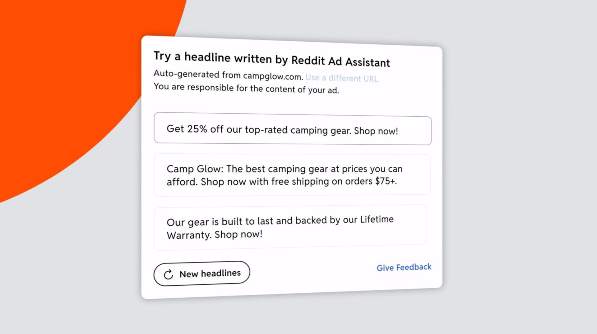 try a headline written by assistant auto generated from you are responsible for the content of your get off our top rated camping gear shop now camp glow the best camping gear at prices you can afford shop now with free shipping on orders our gear is built to last and backed by our lifetime warranty shop now new headlines give feedback | Reddit