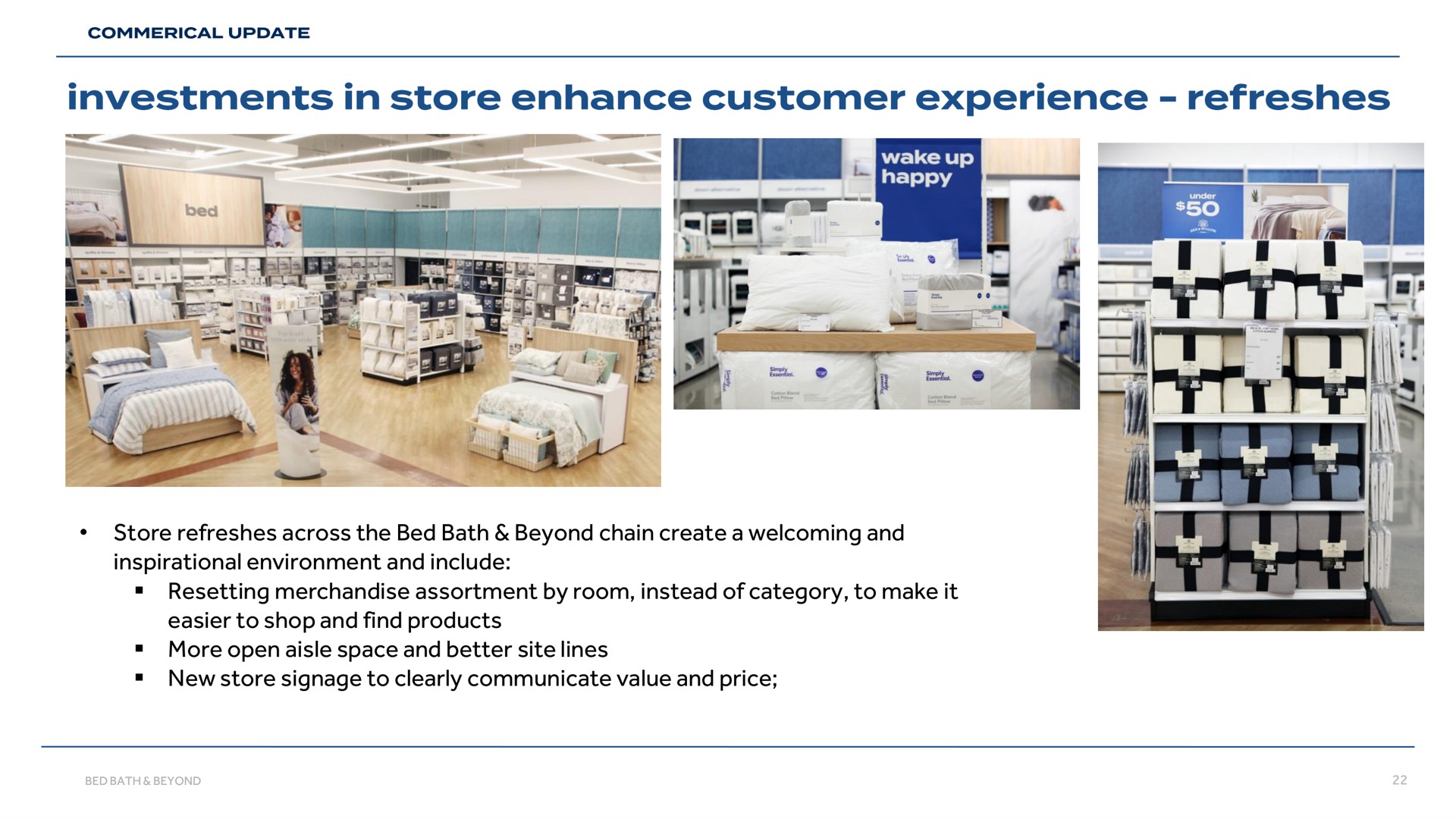 store refreshes across the bed bath beyond chain create a welcoming and inspirational environment and include resetting merchandise assortment by room instead of category to make it easier to shop and find products more open aisle space and better site lines new store to clearly communicate value and price investments in enhance customer experience | Bed Bath & Beyond