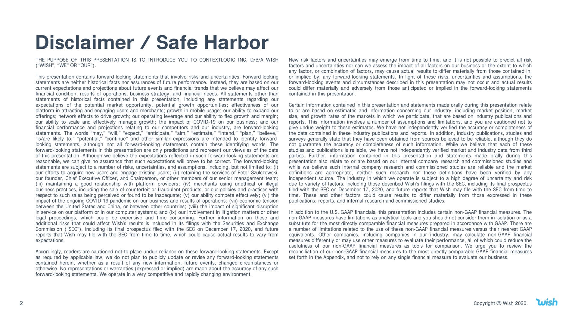 disclaimer safe harbor | Wish