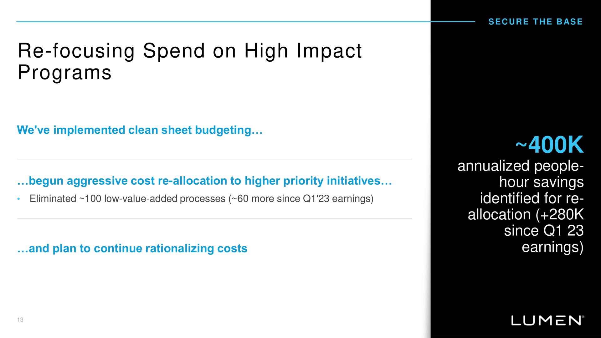 focusing spend on high impact programs people hour savings identified for allocation since earnings | Lumen