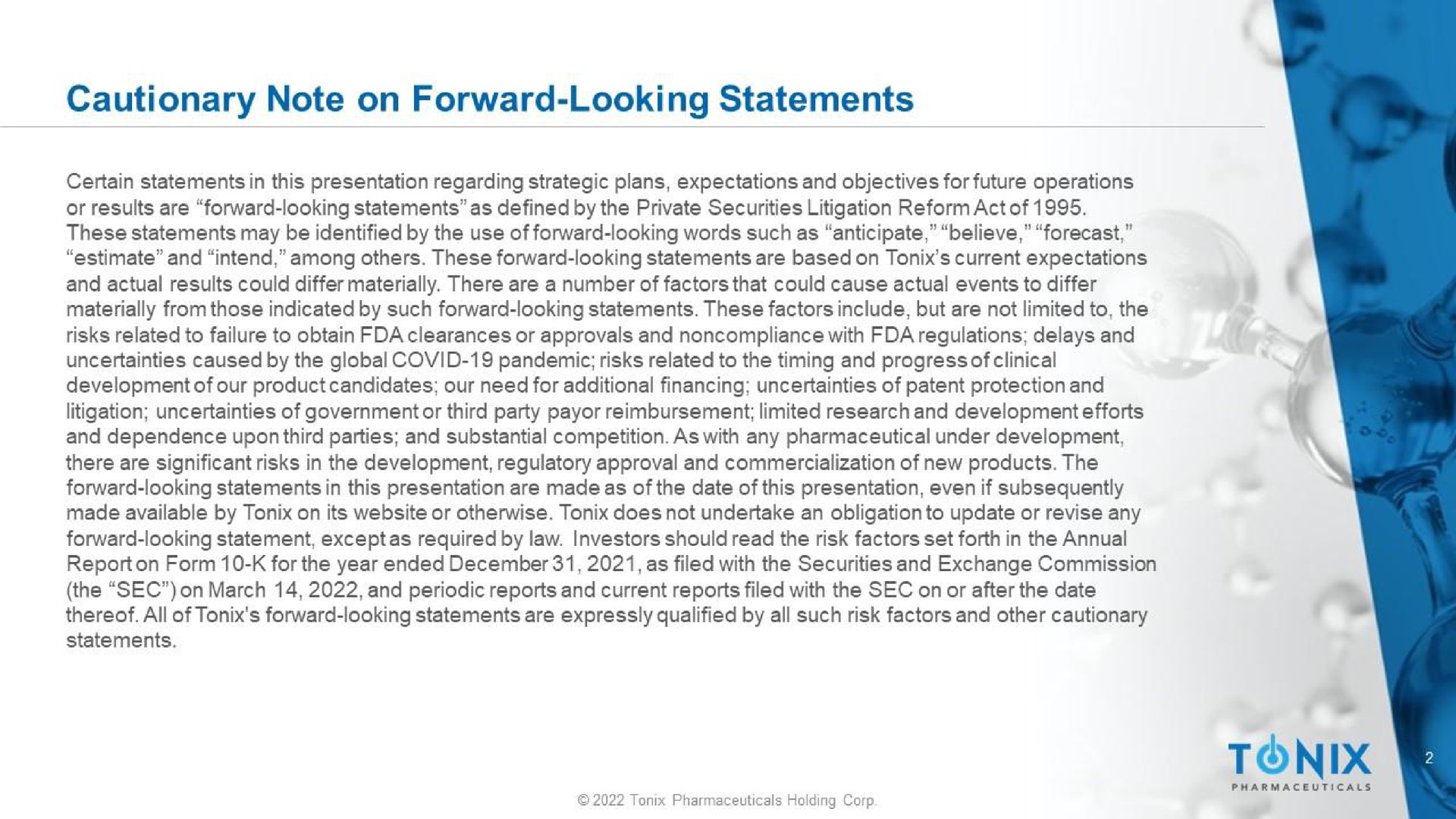 cautionary note on forward looking statements | Tonix Pharmaceuticals