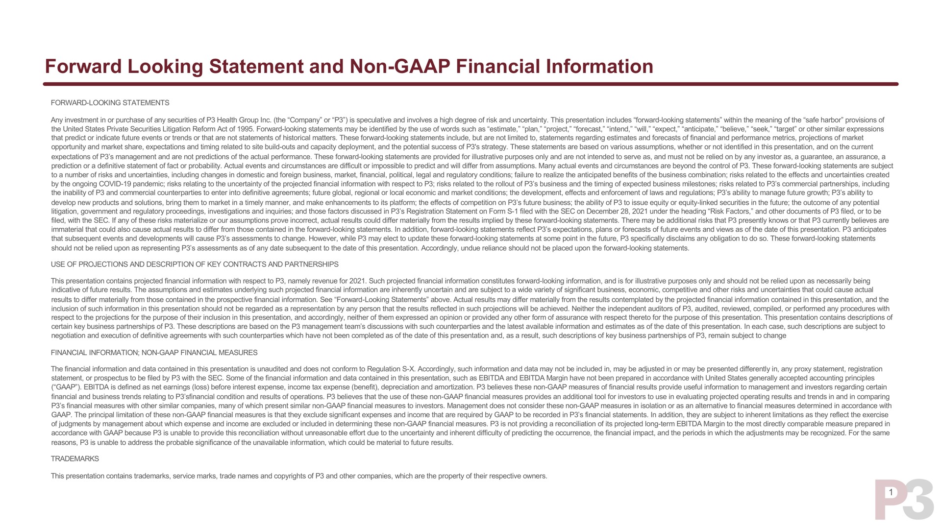 forward looking statement and non financial information | P3 Health Partners