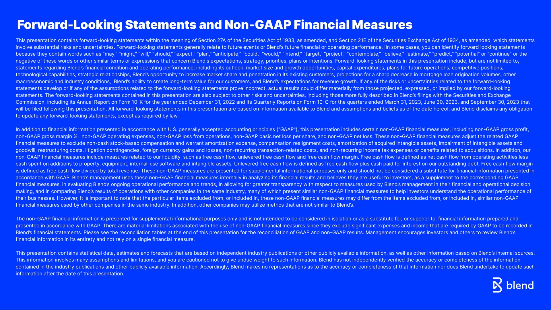 forward looking statements and non financial measures tate | Blend