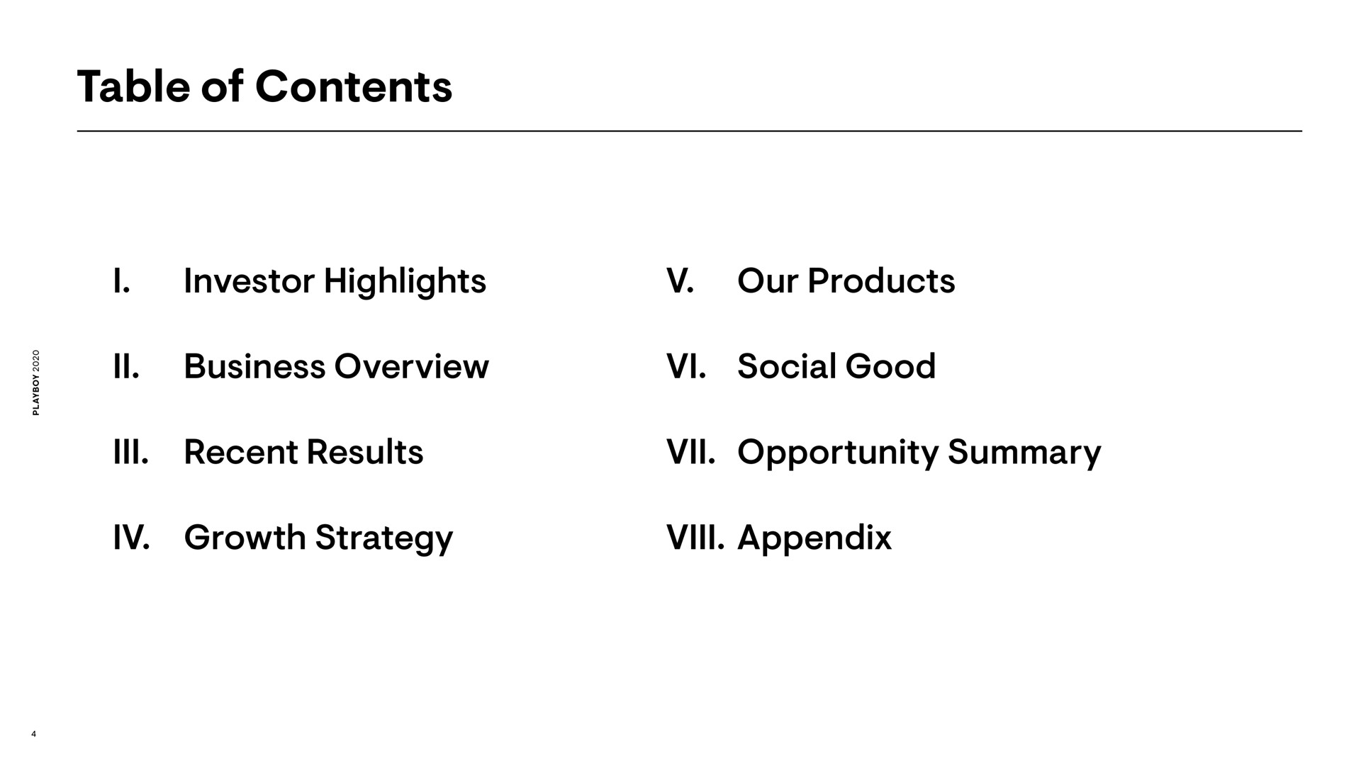 table of contents i investor highlights our products business overview social good recent results opportunity summary growth strategy appendix | Playboy
