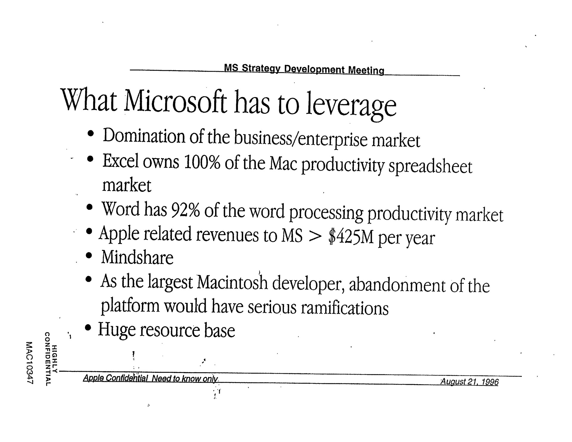 what has to leverage domination of the business enterprise market excel owns of the mac productivity market word has of the word processing productivity market apple related revenues to per year as the developer abandonment of the platform would have serious ramifications huge resource base | Apple
