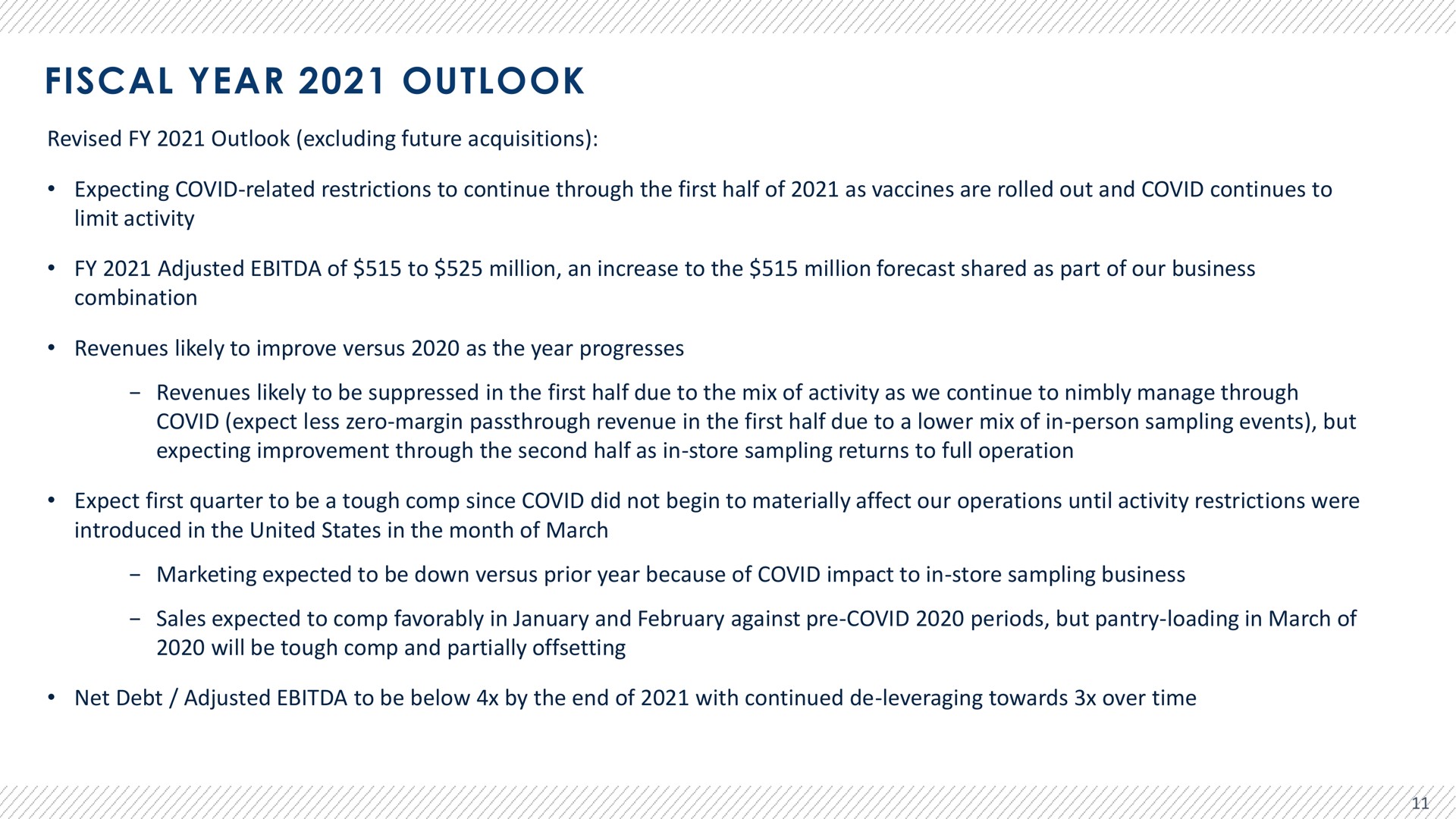 fiscal year outlook revised outlook excluding future acquisitions expecting covid related restrictions to continue through the first half of as vaccines are rolled out and covid continues to limit activity adjusted of to million an increase to the million forecast shared as part of our business combination revenues likely to improve versus as the year progresses revenues likely to be suppressed in the first half due to the mix of activity as we continue to nimbly manage through covid expect less zero margin revenue in the first half due to a lower mix of in person sampling events but expecting improvement through the second half as in store sampling returns to full operation expect first quarter to be a tough since covid did not begin to materially affect our operations until activity restrictions were introduced in the united states in the month of march marketing expected to be down versus prior year because of covid impact to in store sampling business sales expected to favorably in and against covid periods but pantry loading in march of will be tough and partially offsetting net debt adjusted to be below by the end of with continued leveraging towards over time | Advantage Solutions