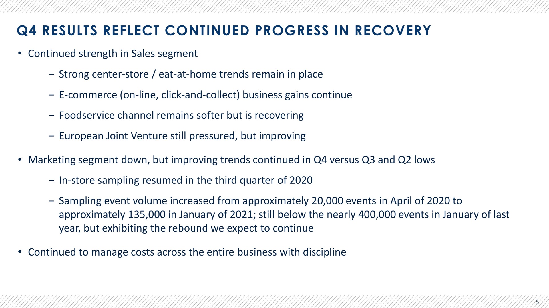 results reflect continued progress in recovery continued strength in sales segment strong center store eat at home trends remain in place commerce on line click and collect business gains continue channel remains but is recovering joint venture still pressured but improving marketing segment down but improving trends continued in versus and lows in store sampling resumed in the third quarter of sampling event volume increased from approximately events in of to approximately in of still below the nearly events in of last year but exhibiting the rebound we expect to continue continued to manage costs across the entire business with discipline | Advantage Solutions