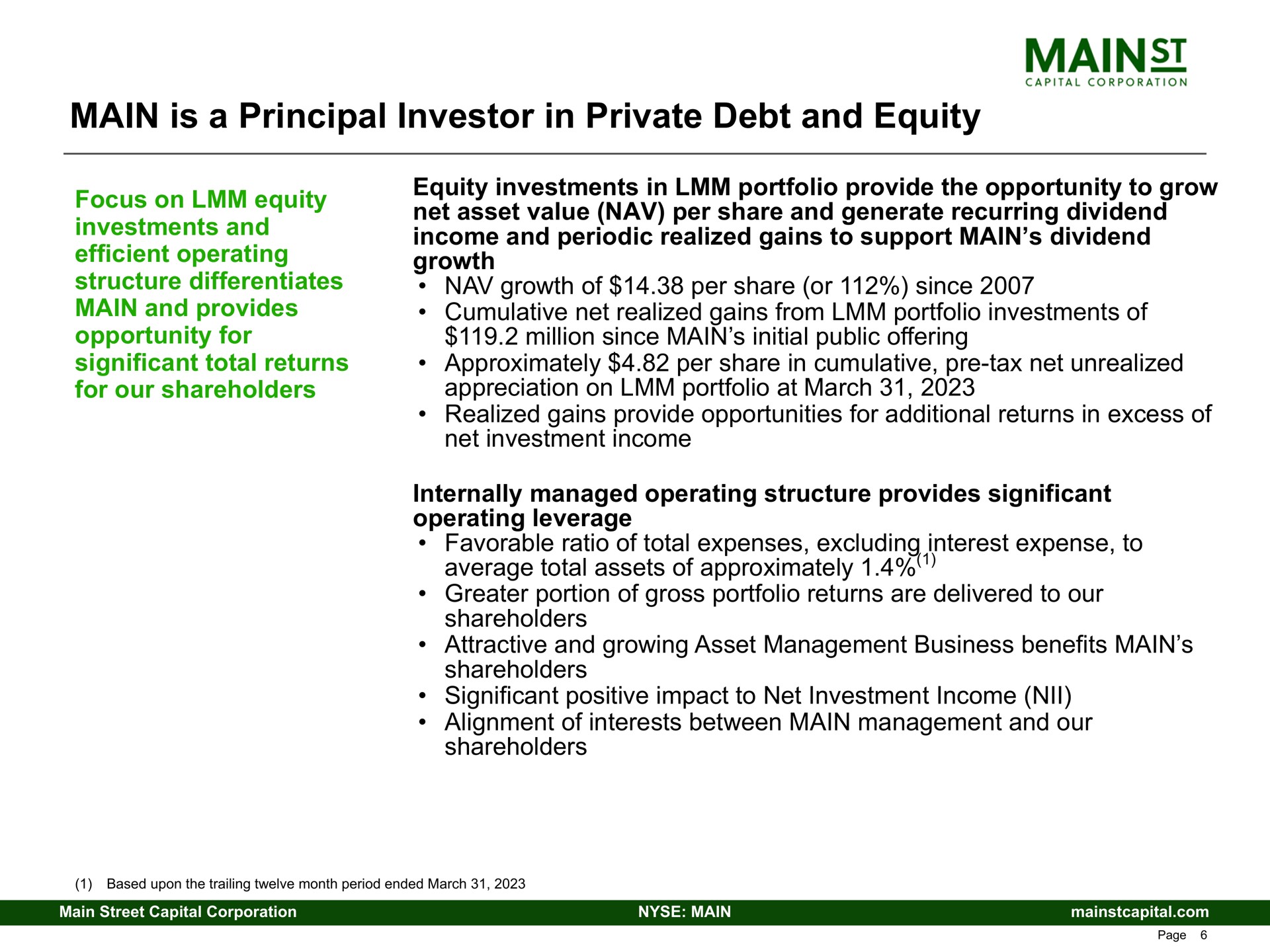 main is a principal investor in private debt and equity structure differentiates provides growth of per share or since cumulative net realized gains from portfolio investments of | Main Street Capital