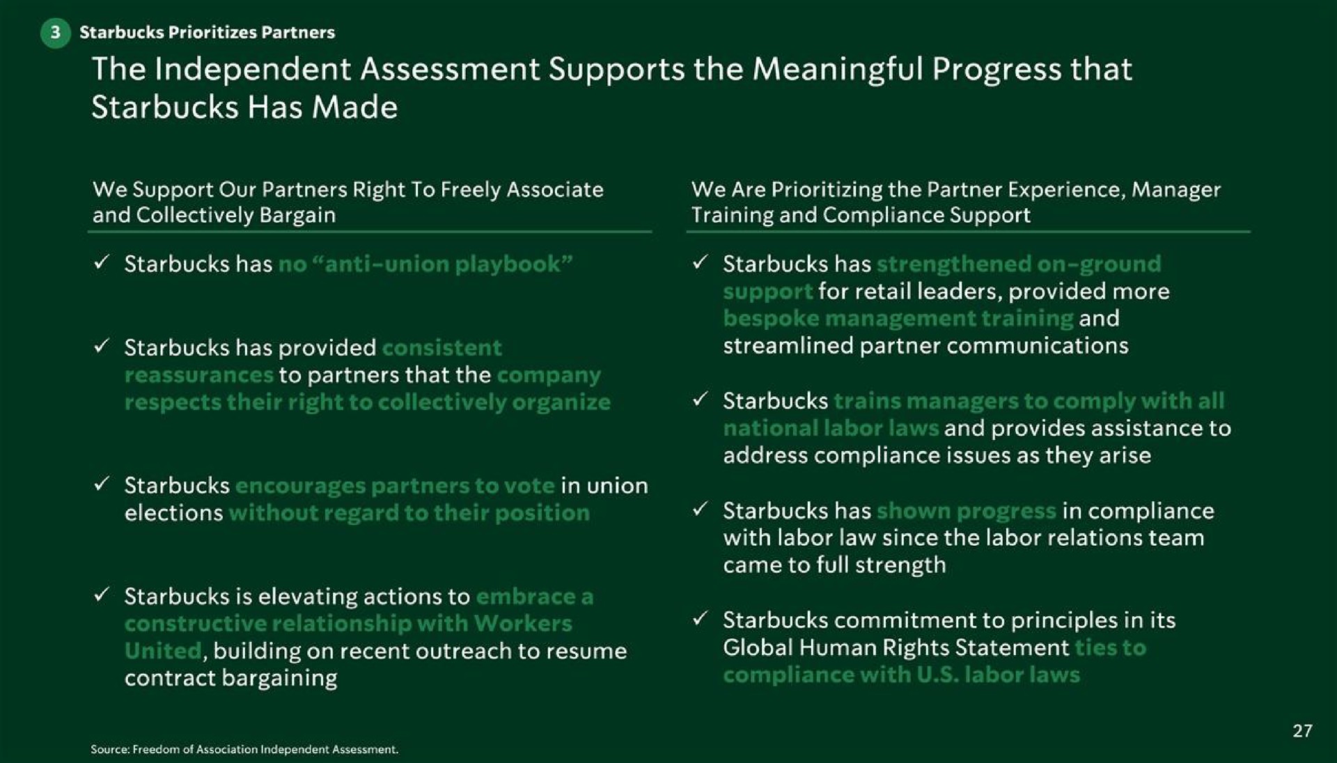 the independent assessment supports the meaningful progress that has made building on recent outreach to resume global human rights statement | Starbucks