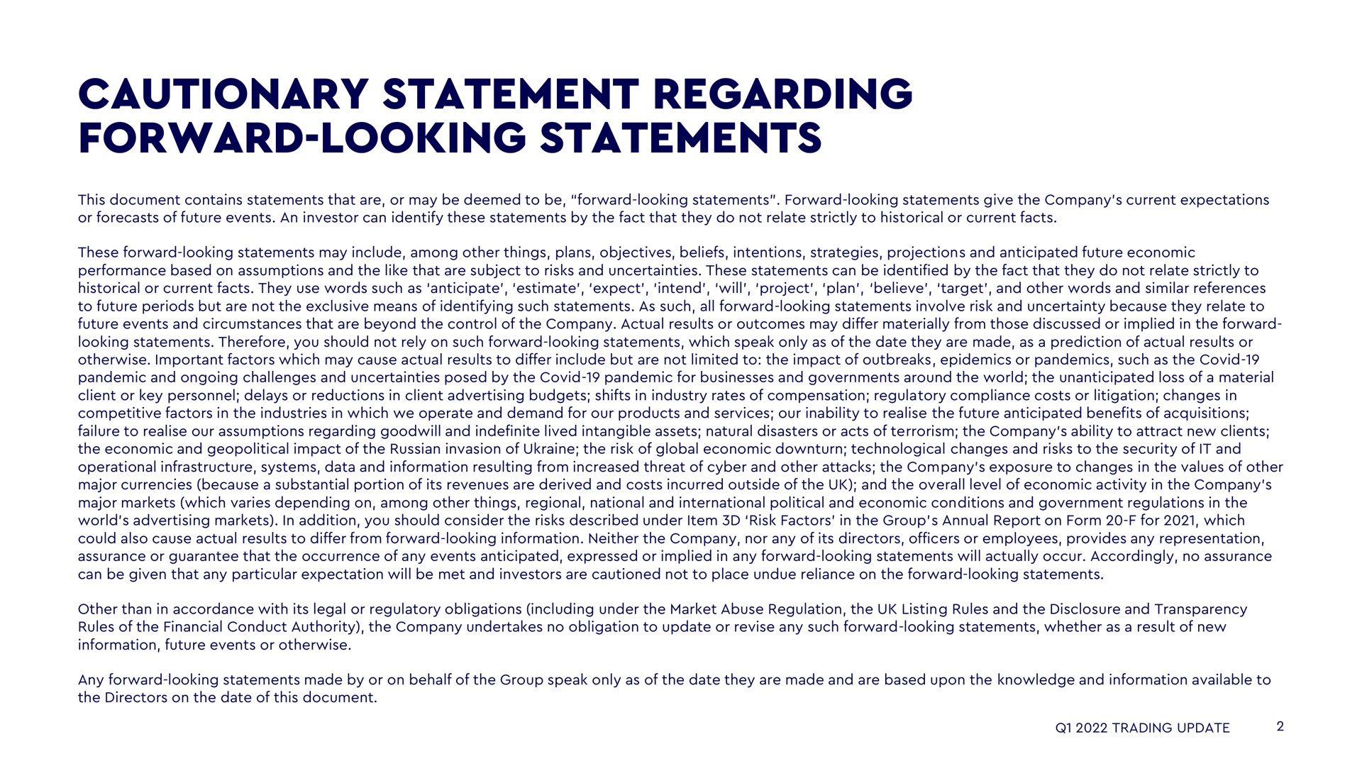 cautionary statement regarding forward looking statements | WPP