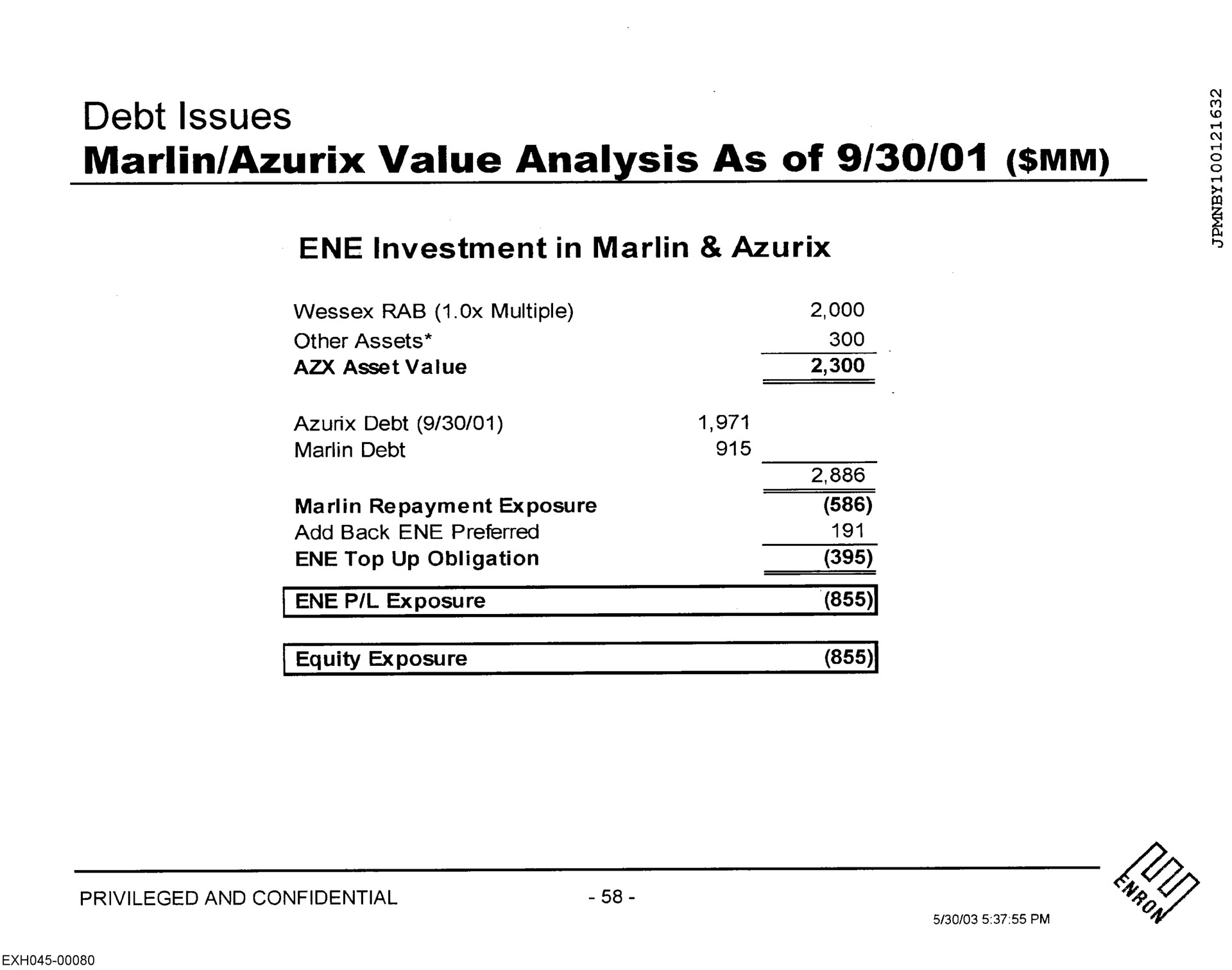 debt issues marlin value analysis as of | Enron