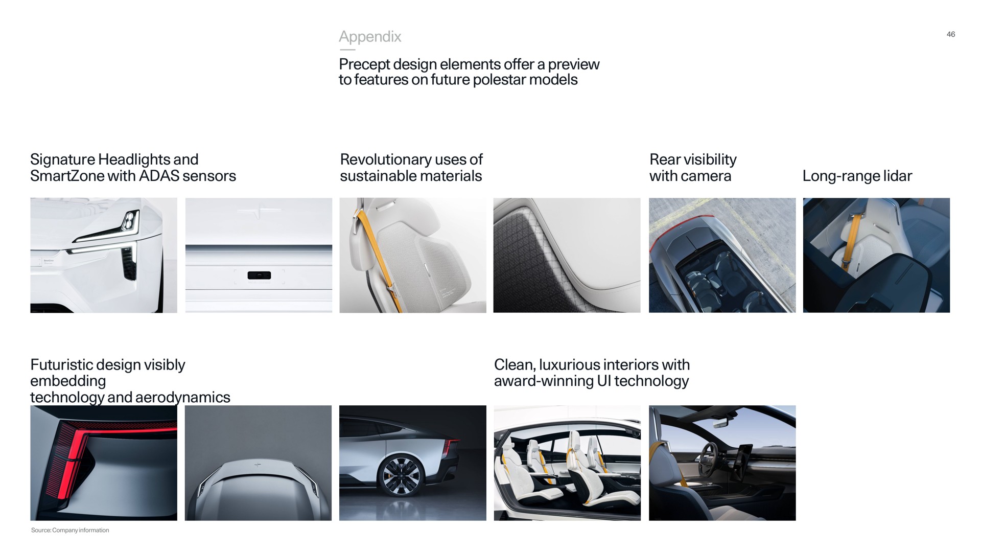 appendix precept design elements offer a preview to features on future polestar models signature headlights and with sensors revolutionary uses of sustainable materials rear visibility with camera long range futuristic design visibly embedding technology and aerodynamics clean luxurious interiors with award winning technology | Polestar